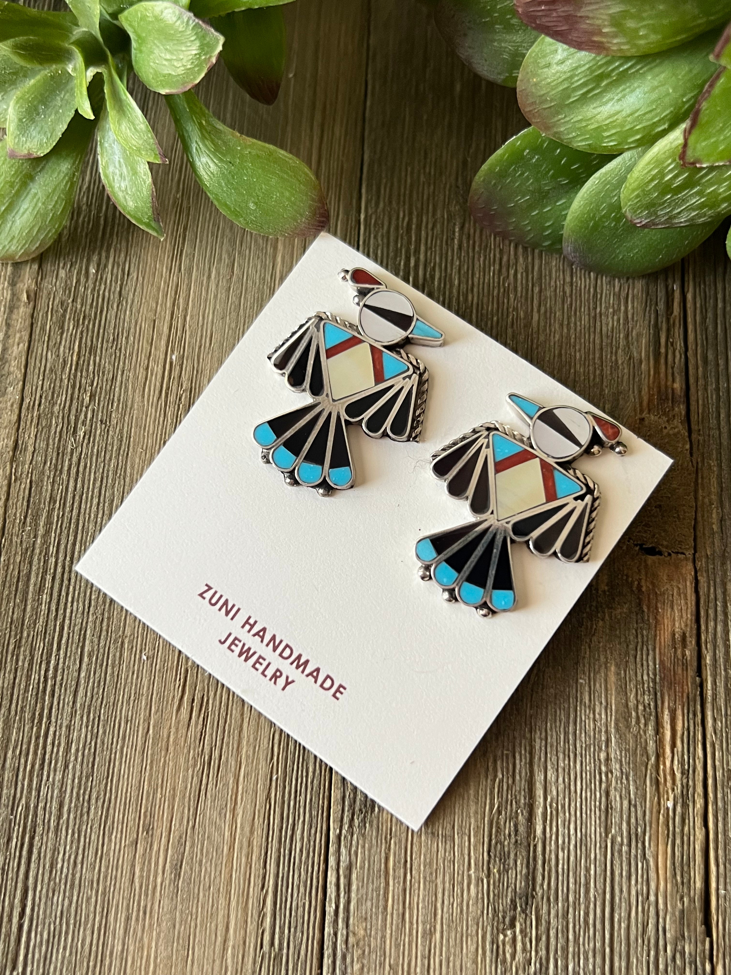 Zuni Made Multi Stone & Sterling Silver Inlay Thunderbird Post Earrings