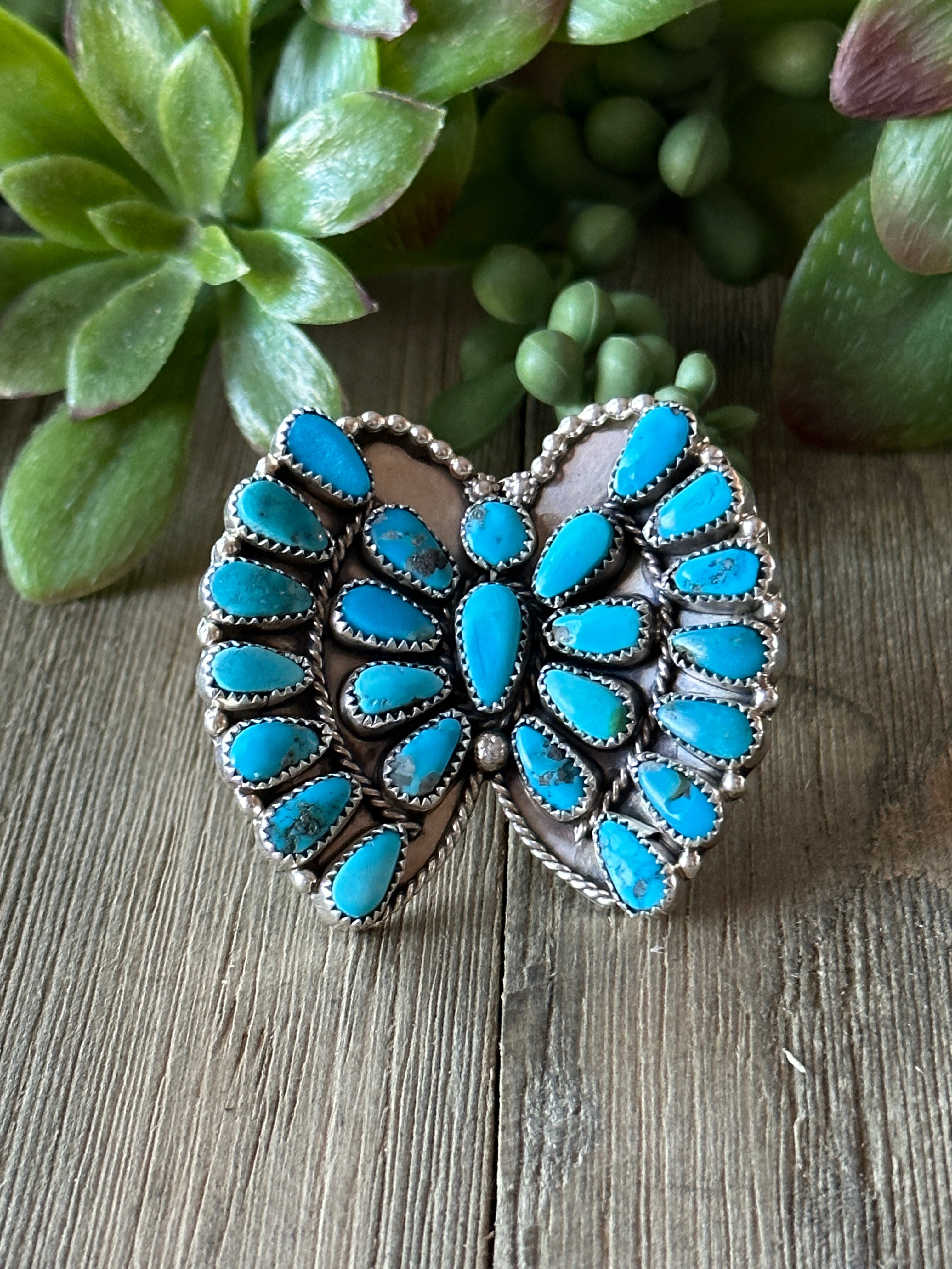 Navajo Made Kingman Turquoise & Sterling Silver Butterfly Cluster Adjustable Ring