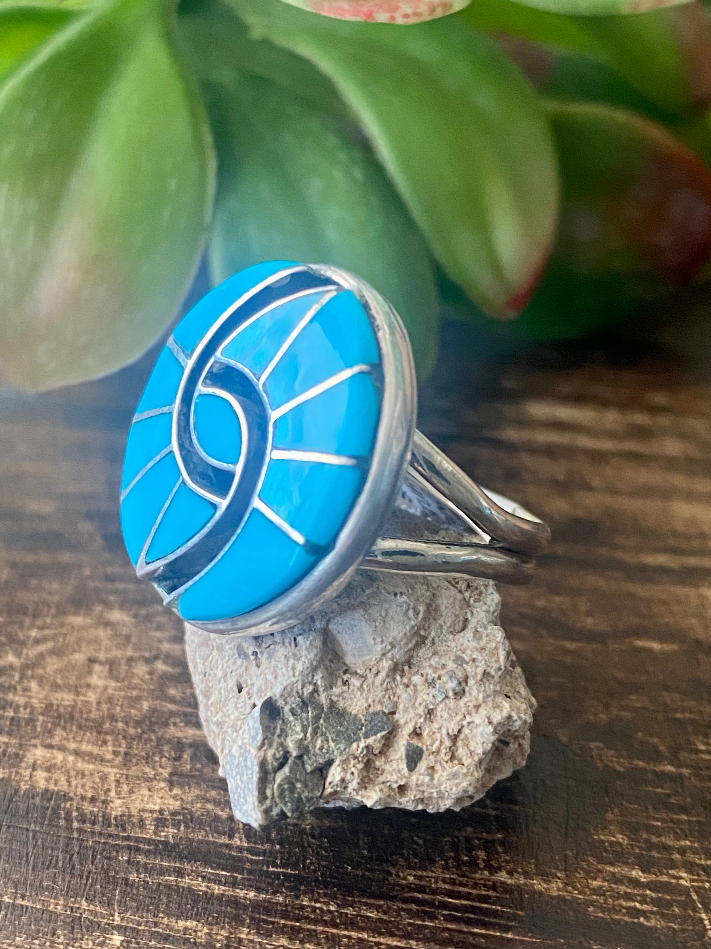 Amy Locaspino Kingman Turquoise & Sterling Silver Inlay Ring Size 8.25