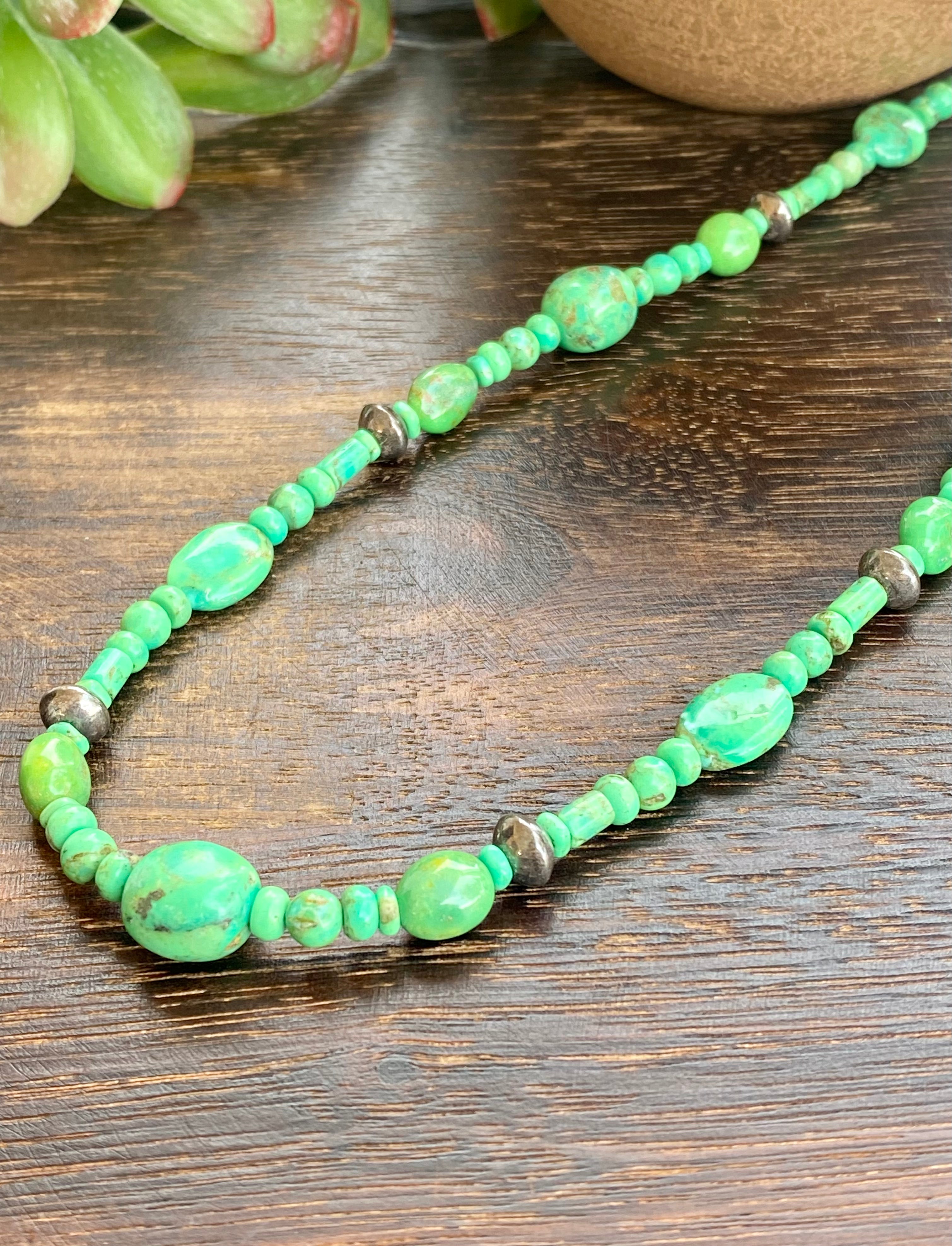 Navajo Made Green Mohave Turquoise & Sterling Silver Pearl Beaded Necklace