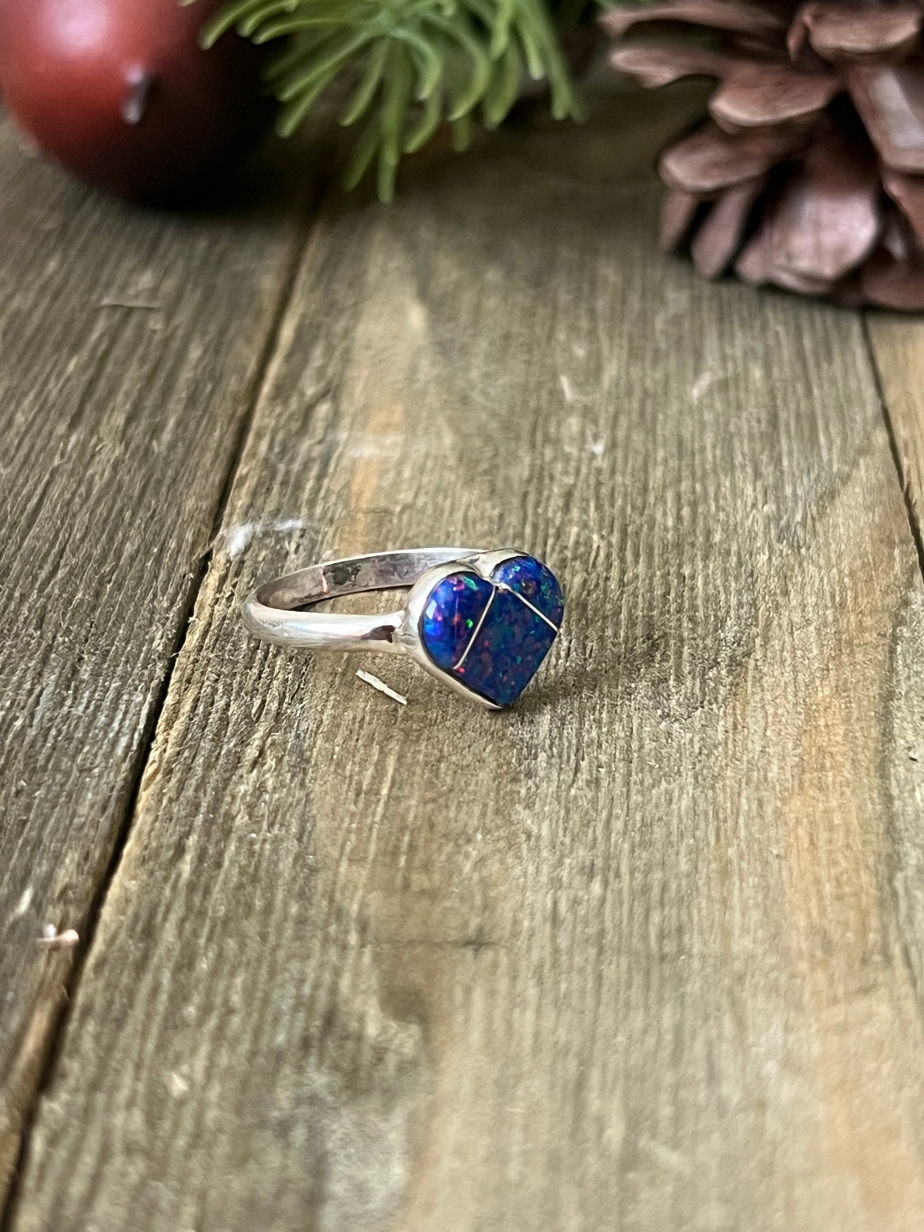 Zuni Made Dark Blue Opal (Man Made) & Sterling Silver Ring Size 6