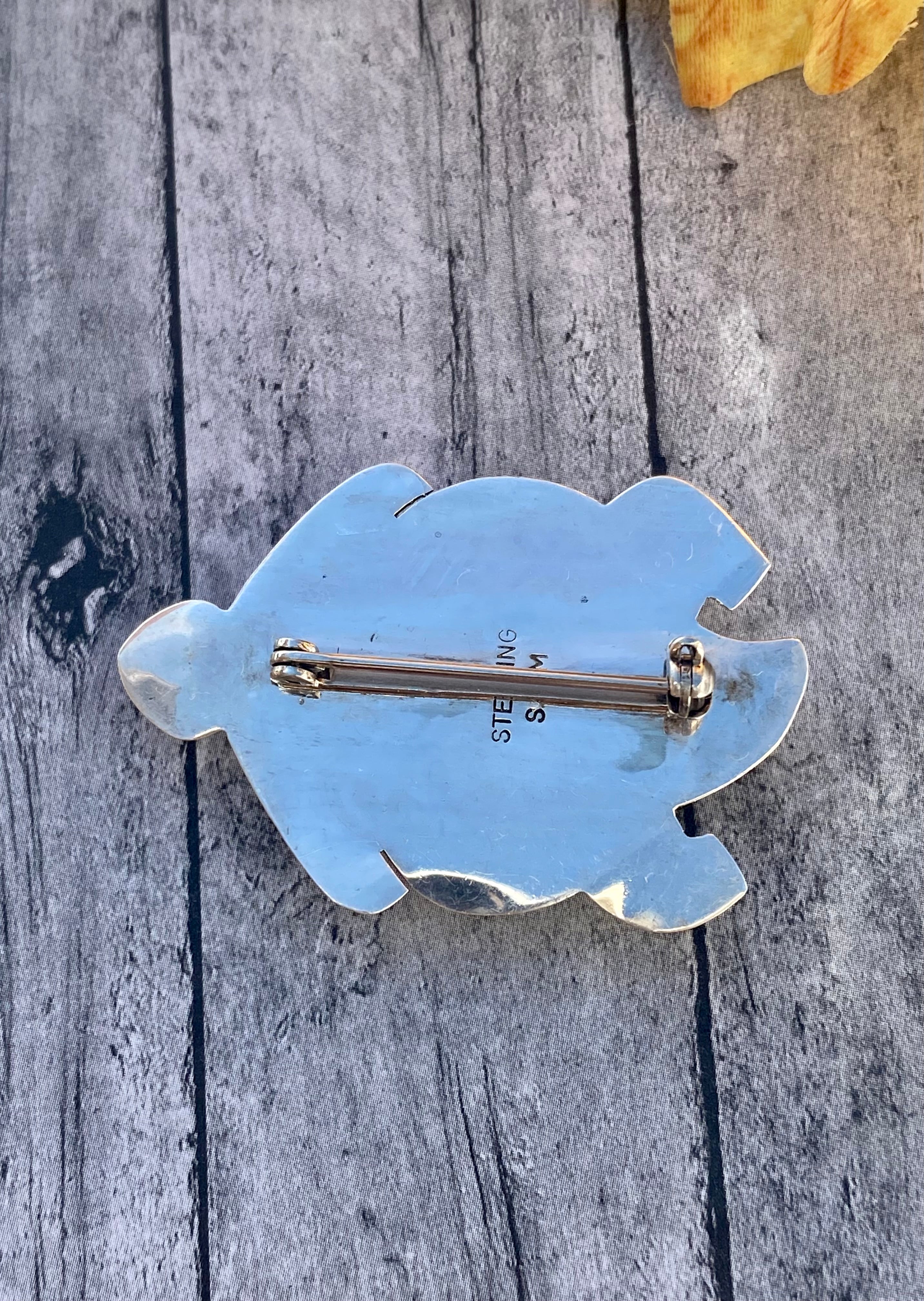 Navajo Made Turquoise & Sterling Silver Inlay Turtle Pin