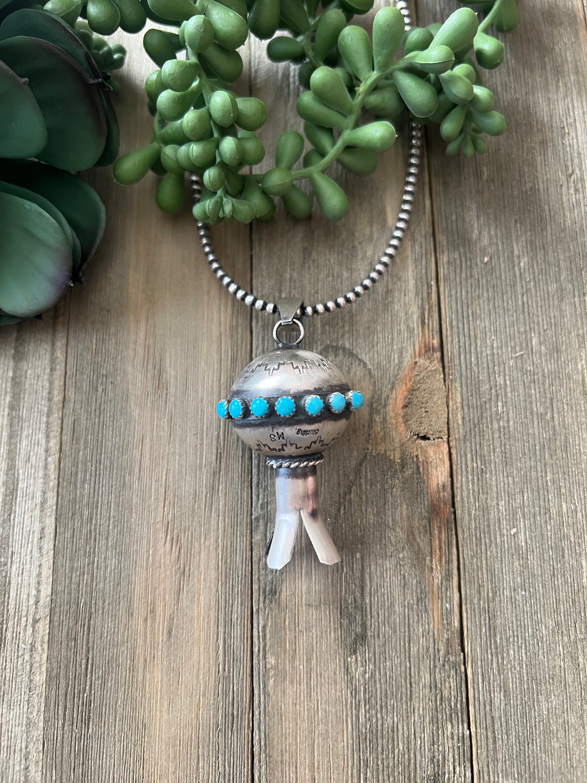 Navajo Made Kingman Turquoise & Sterling Silver Blossom Pendant