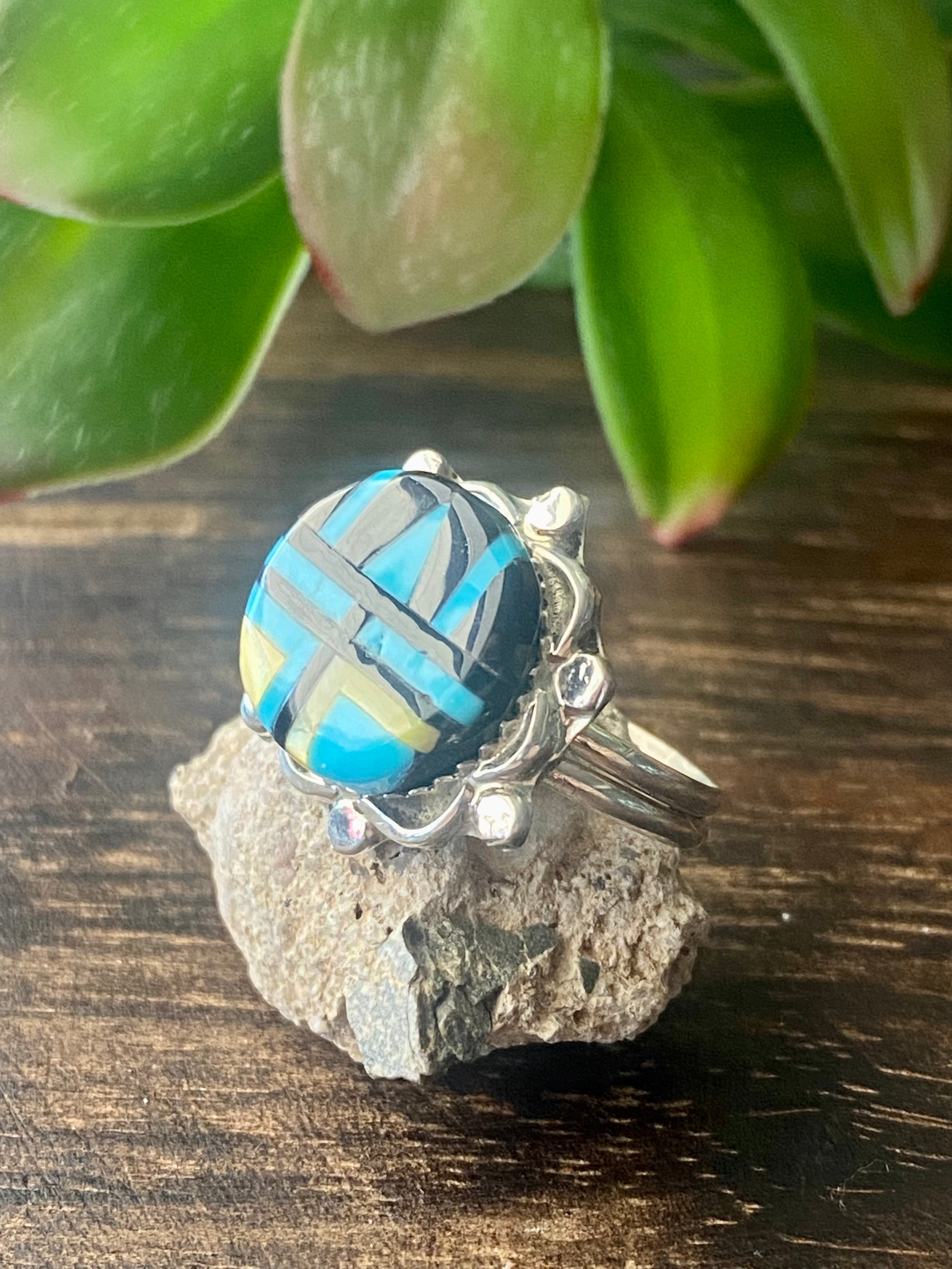 Zuni Made Multi Stone & Sterling Silver Inlay Ring Size 6.5