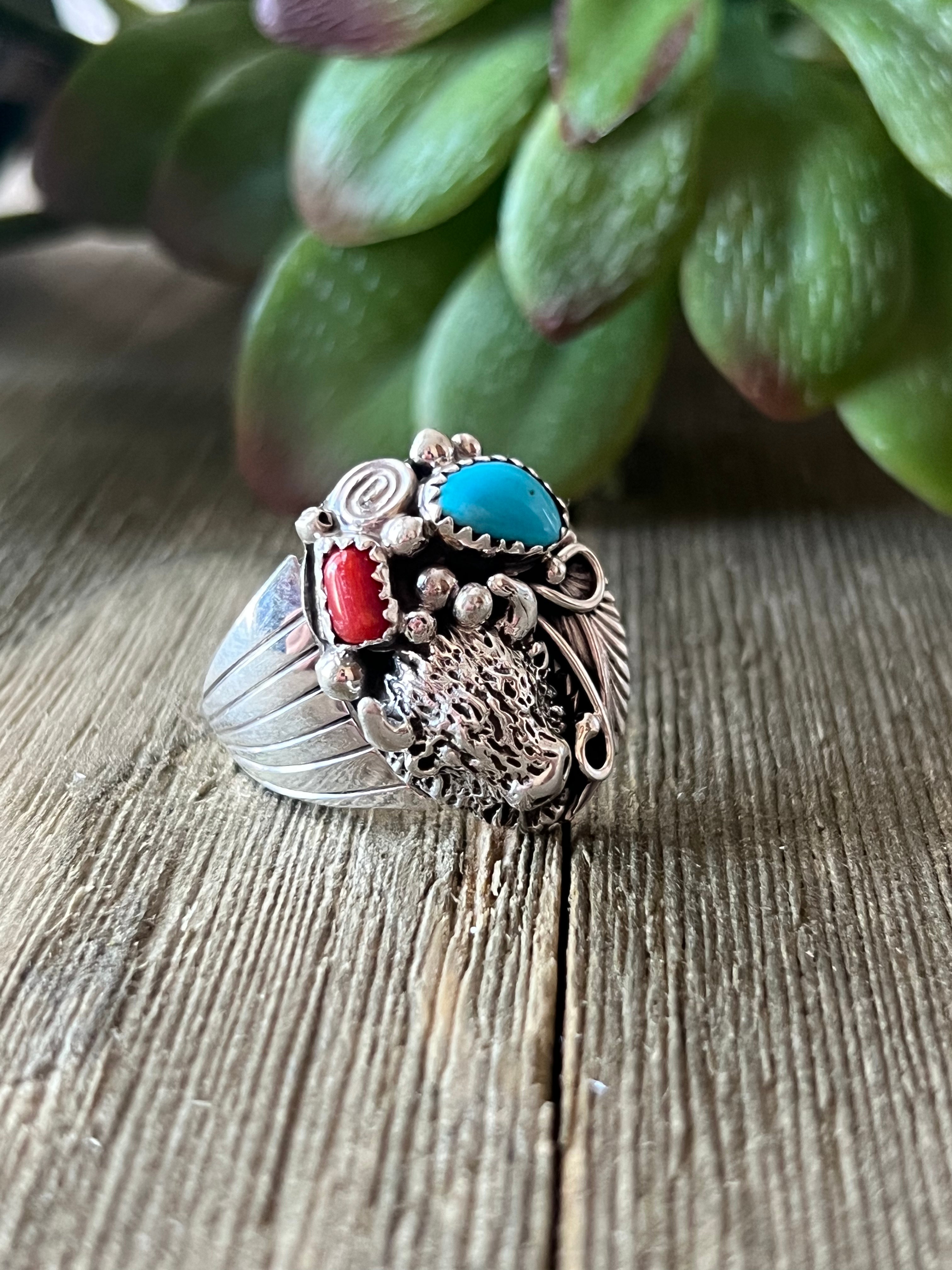 Navajo Made Multi Stone & Sterling Silver Ring Size 13.5