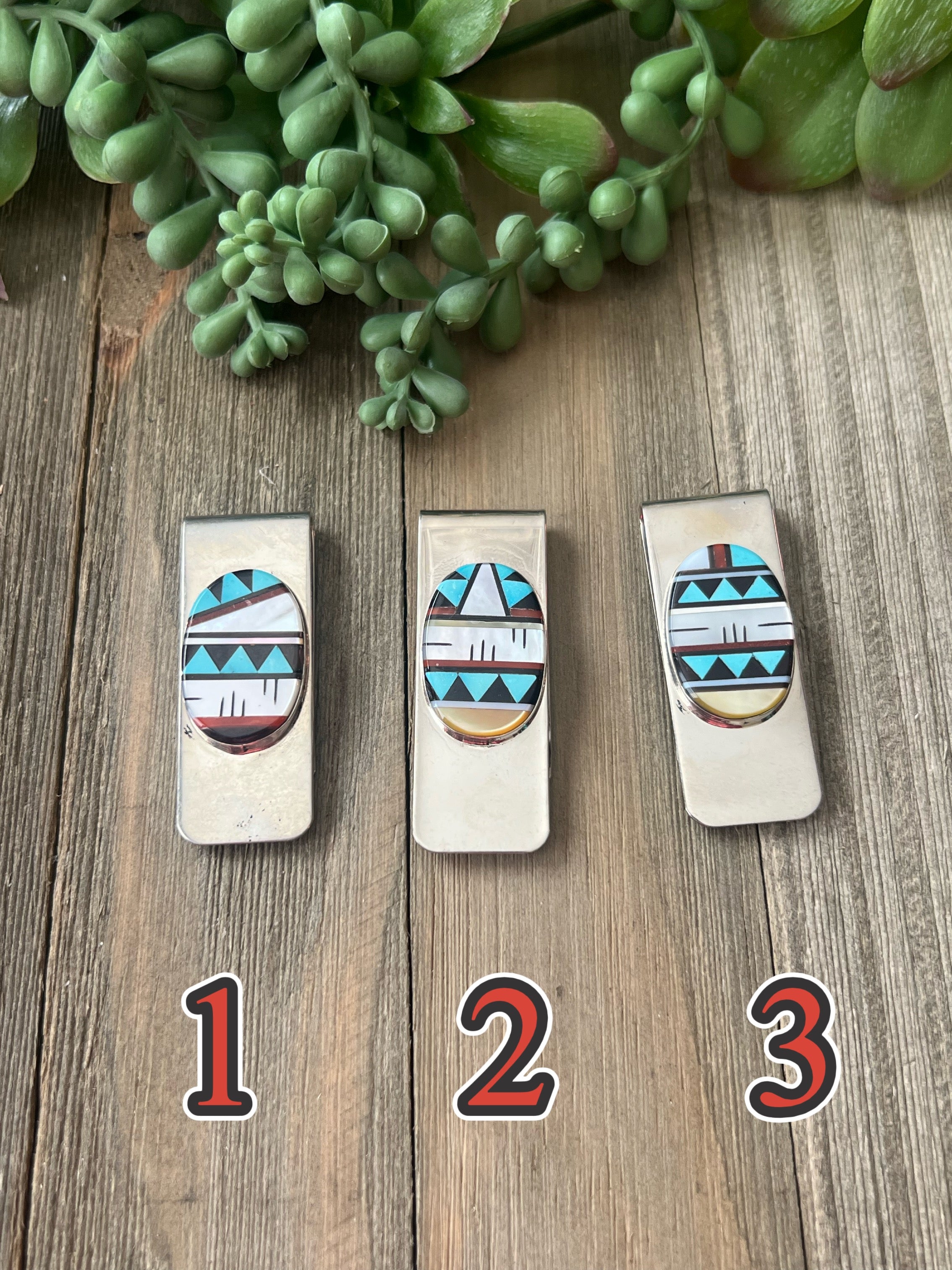 Zuni Made Multi Stone & Sterling Silver Inlay Money Clip