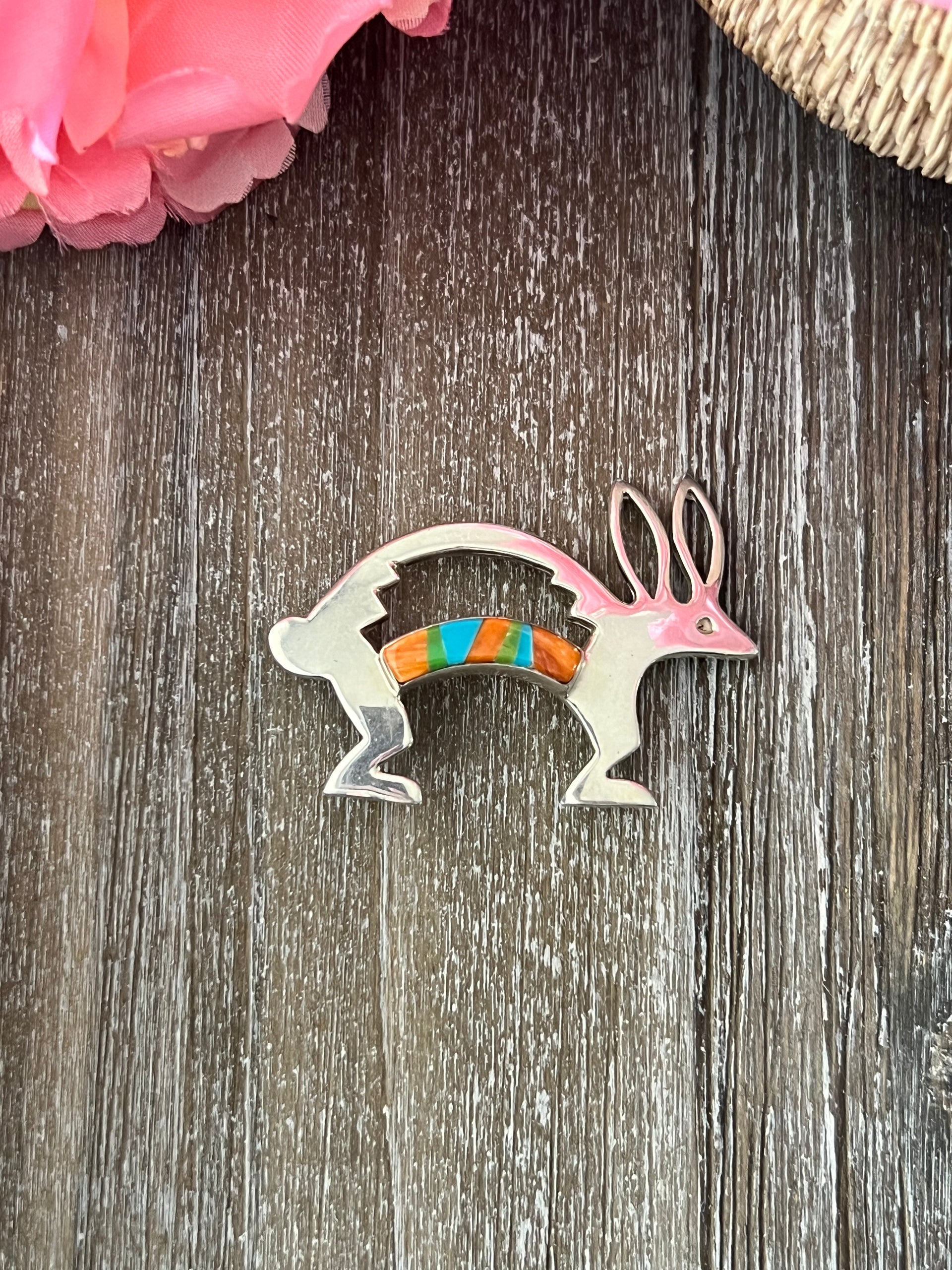 Navajo Multi Stone & Sterling Silver Inlay Rabbit Pin