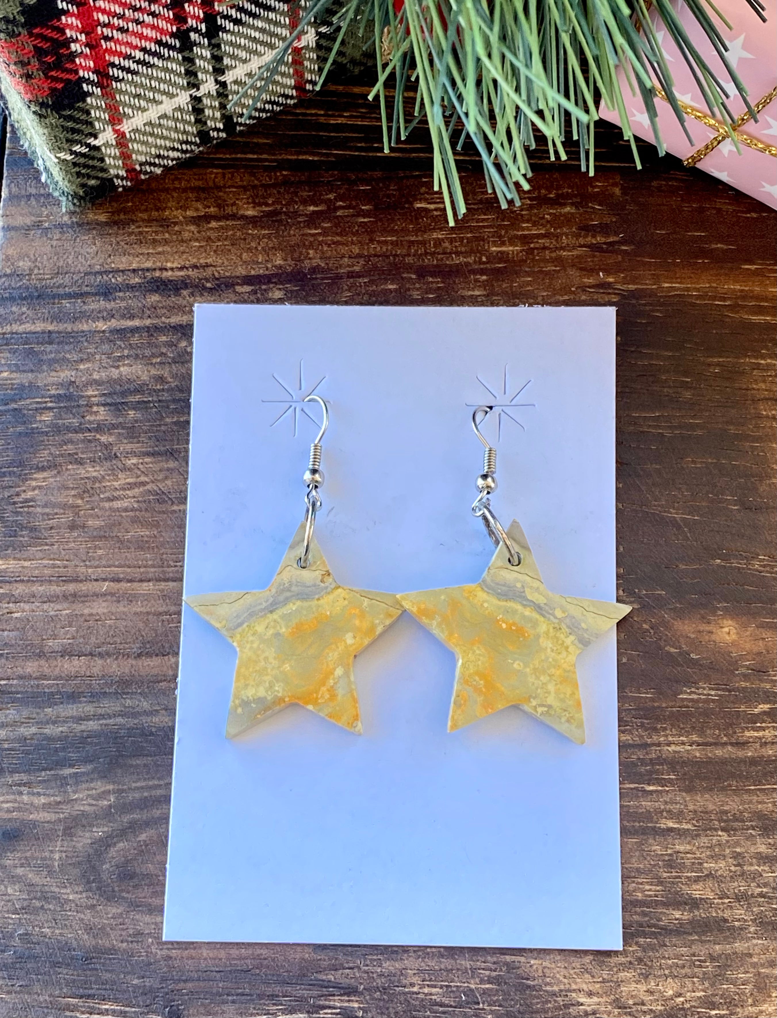 Southwest Handmade Bumblebee Jasper & Sterling Silver Star Dangle Earrings