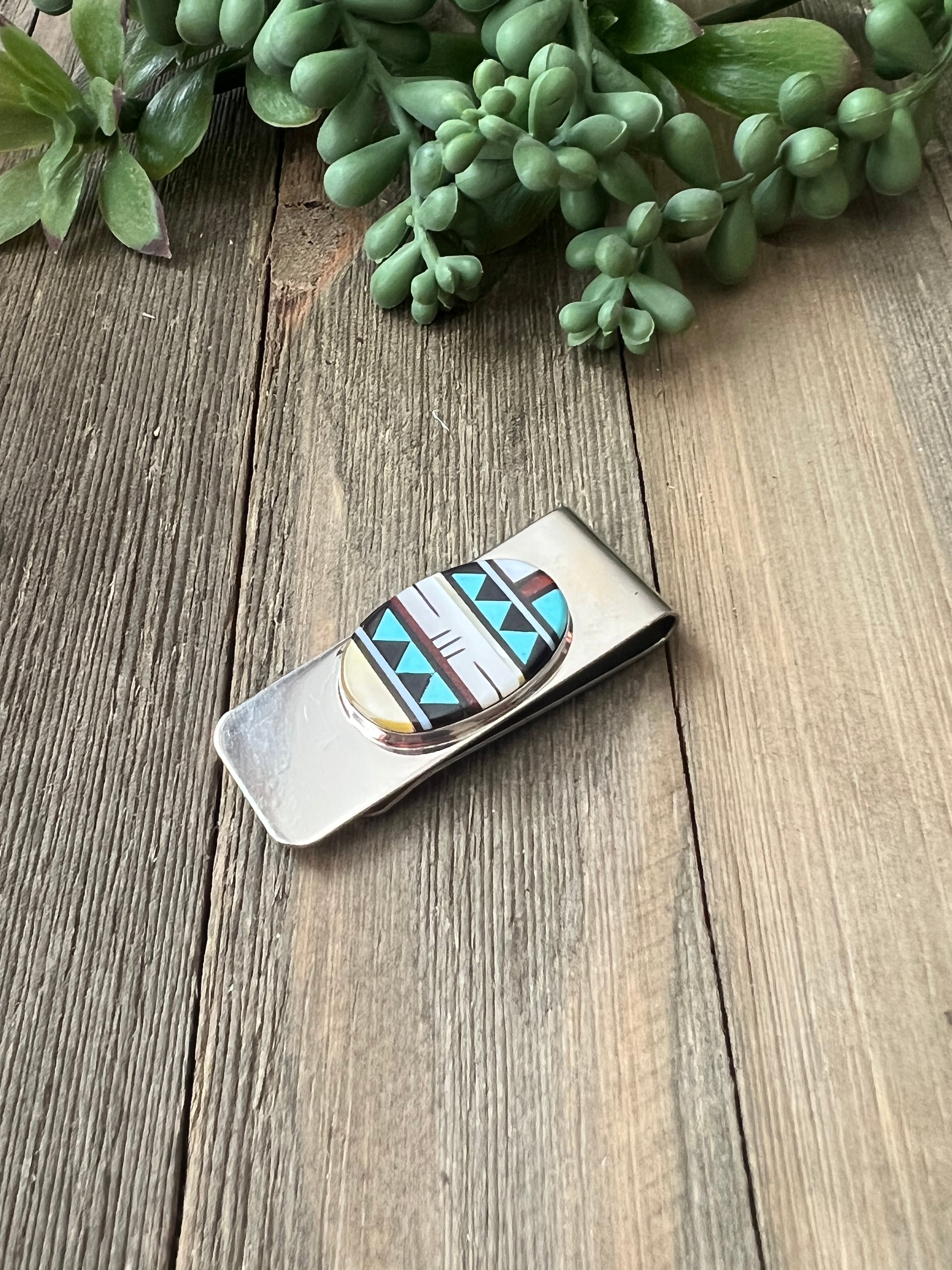 Zuni Made Multi Stone & Sterling Silver Inlay Money Clip