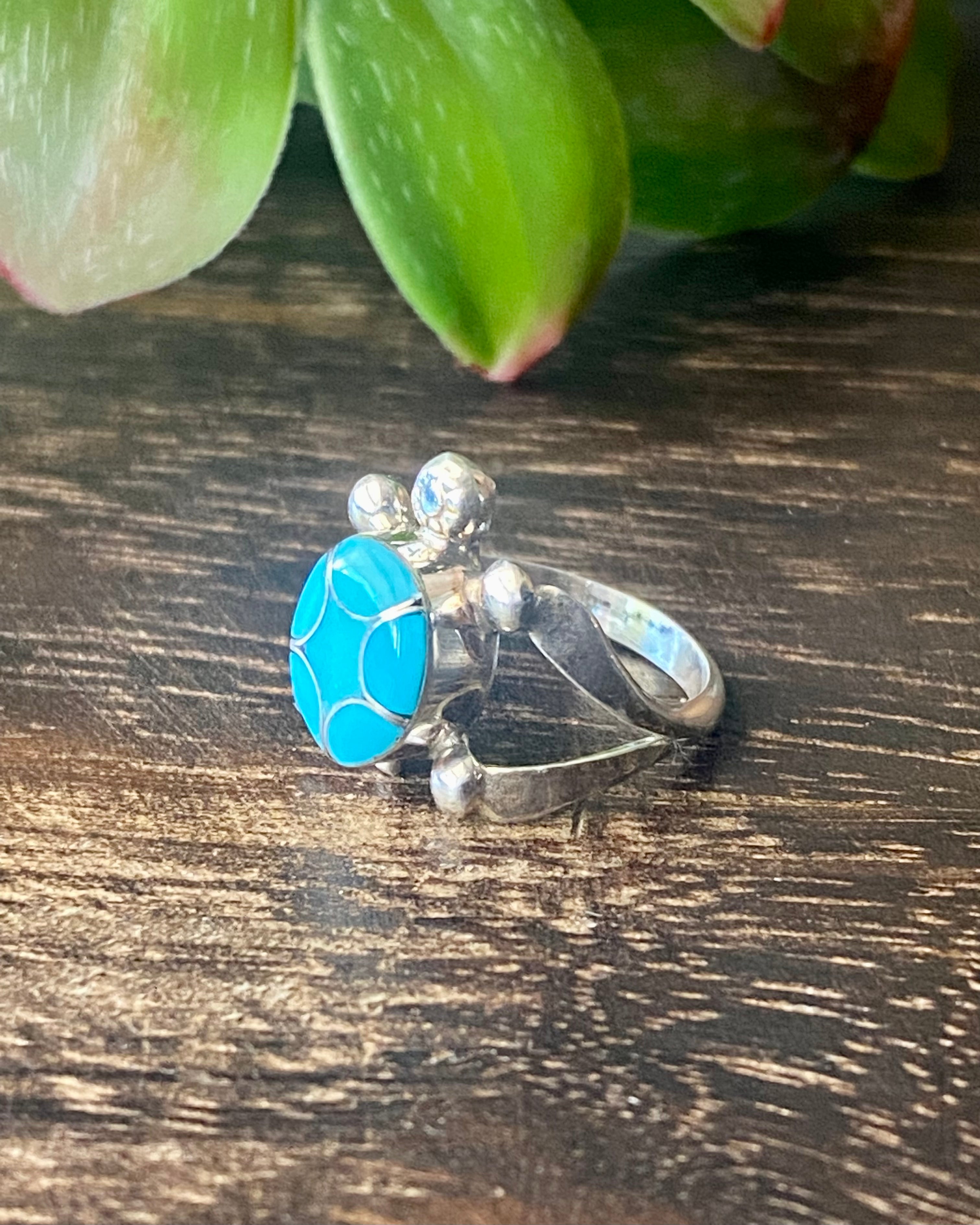 Zuni Made Turquoise & Sterling Silver Inlay Turtle Ring Size 5.75