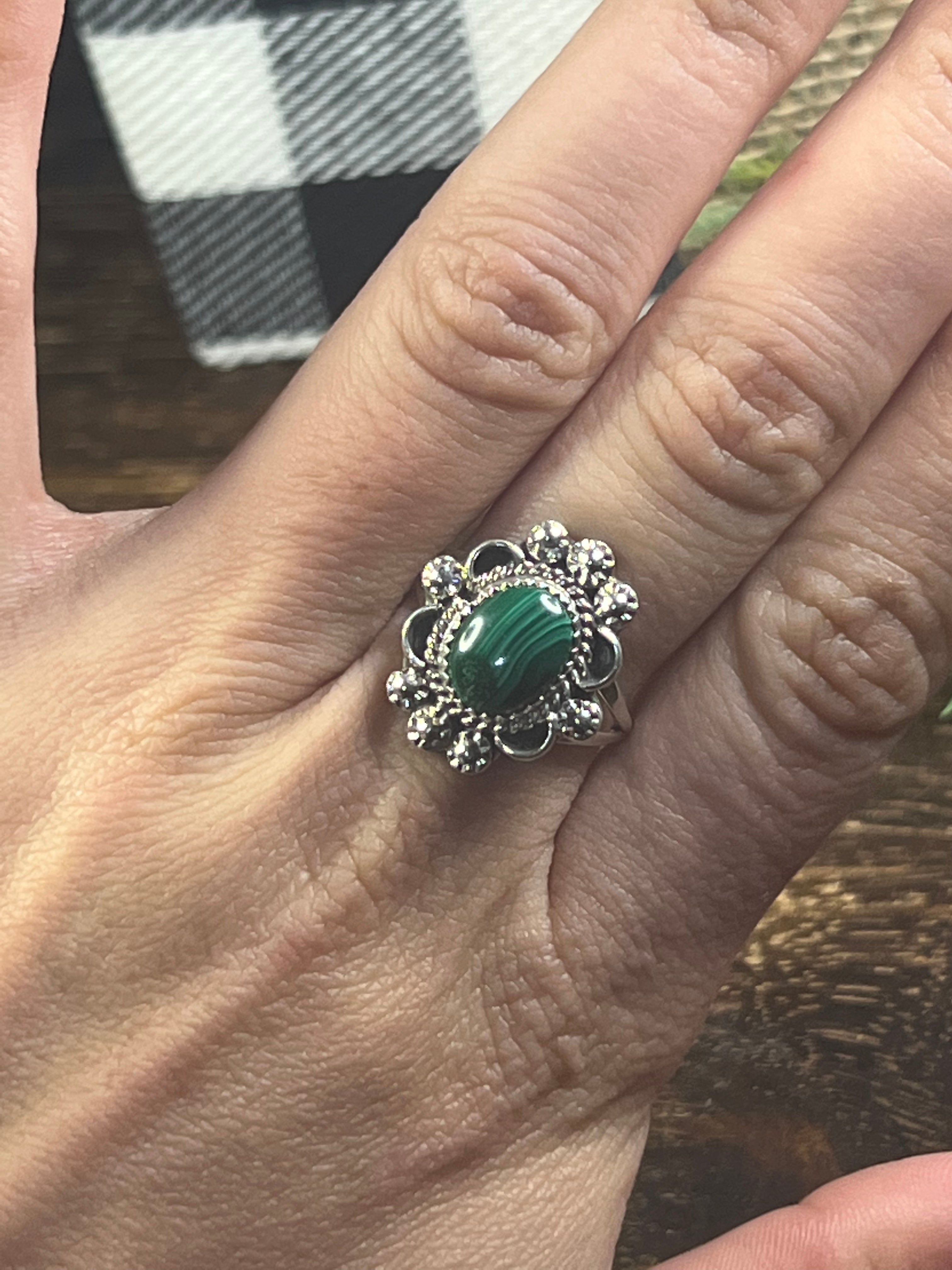 Freda Martinez Malachite & Sterling Silver Ring Size 8