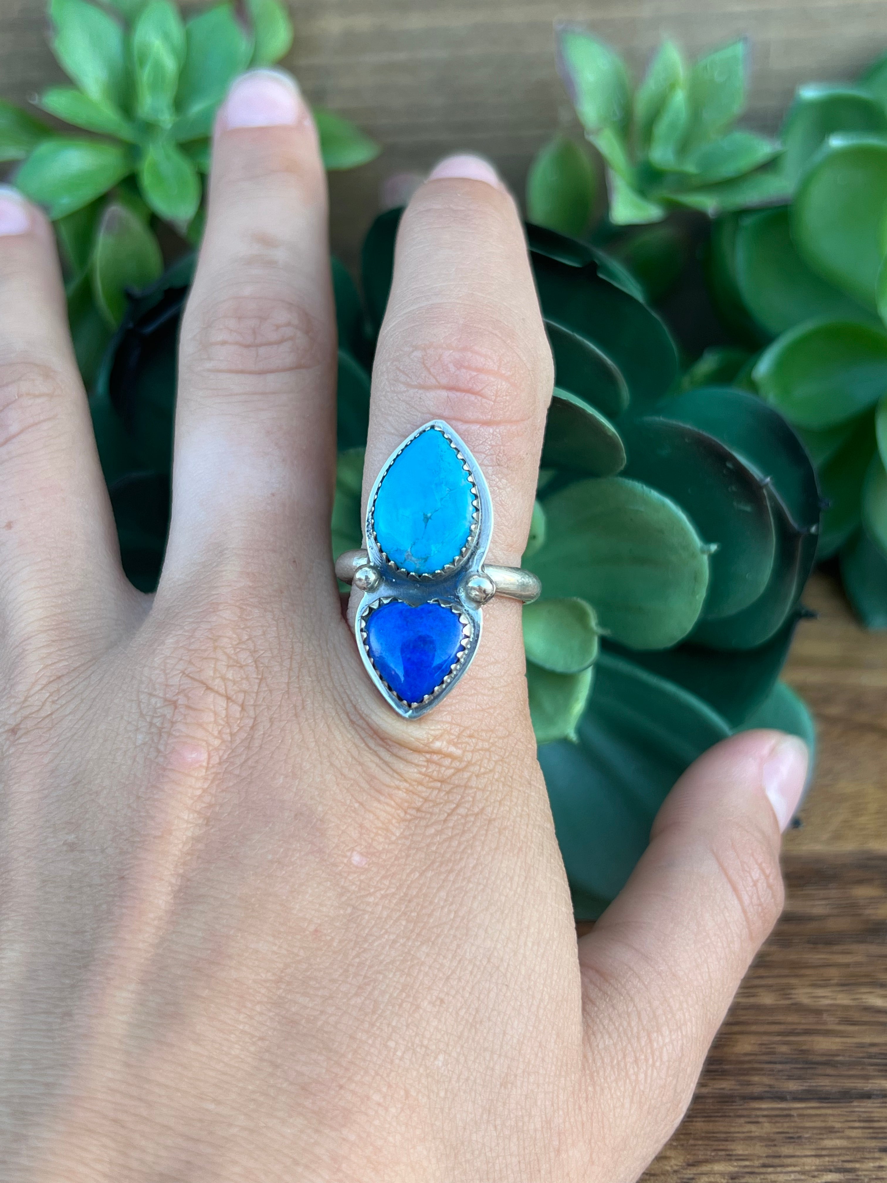 Greg Perry Lapis & Kingman Turquoise Sterling Silver Ring Size 9
