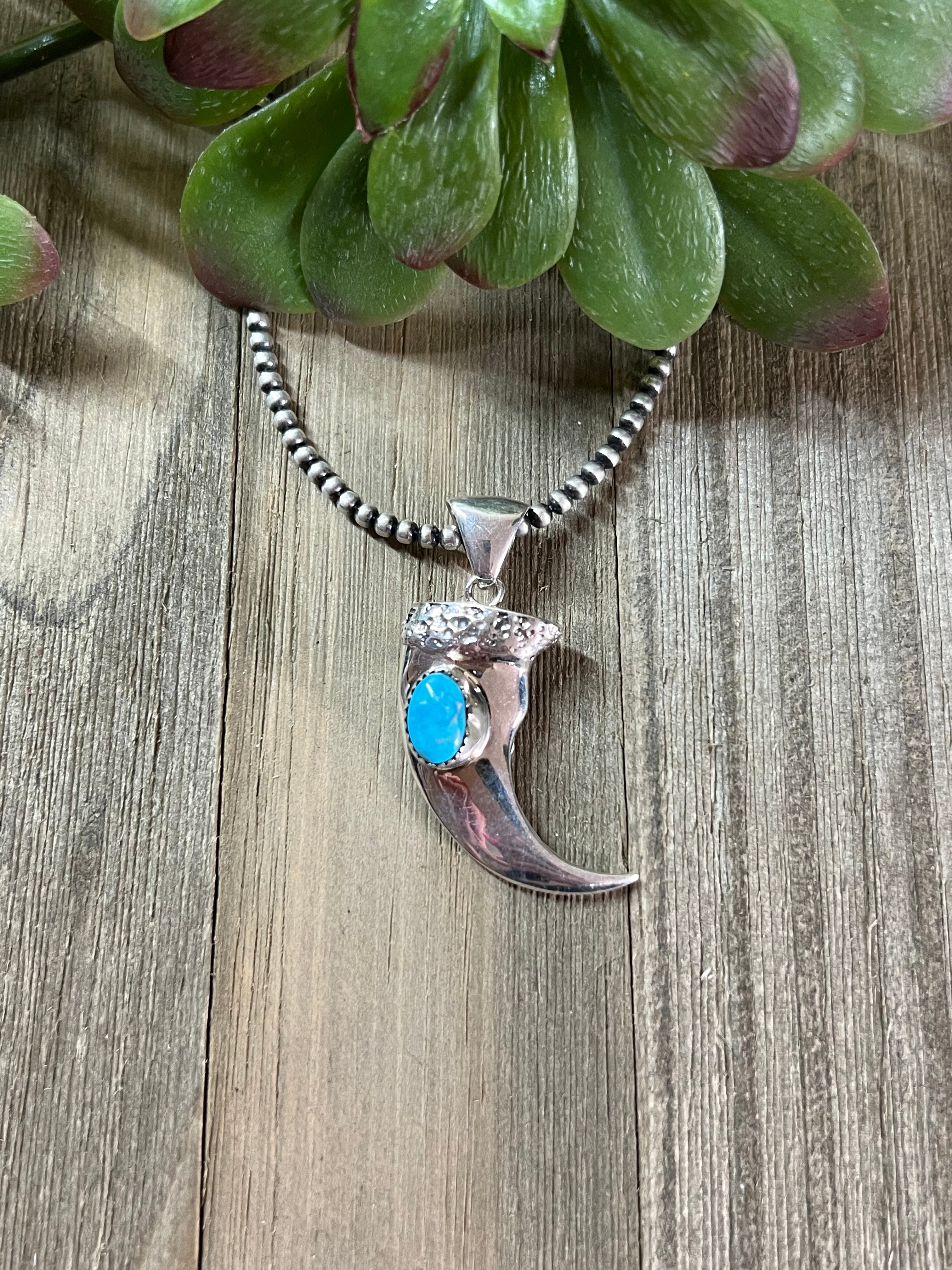 Navajo Made Kingman Turquoise & Sterling Silver Claw Pendant