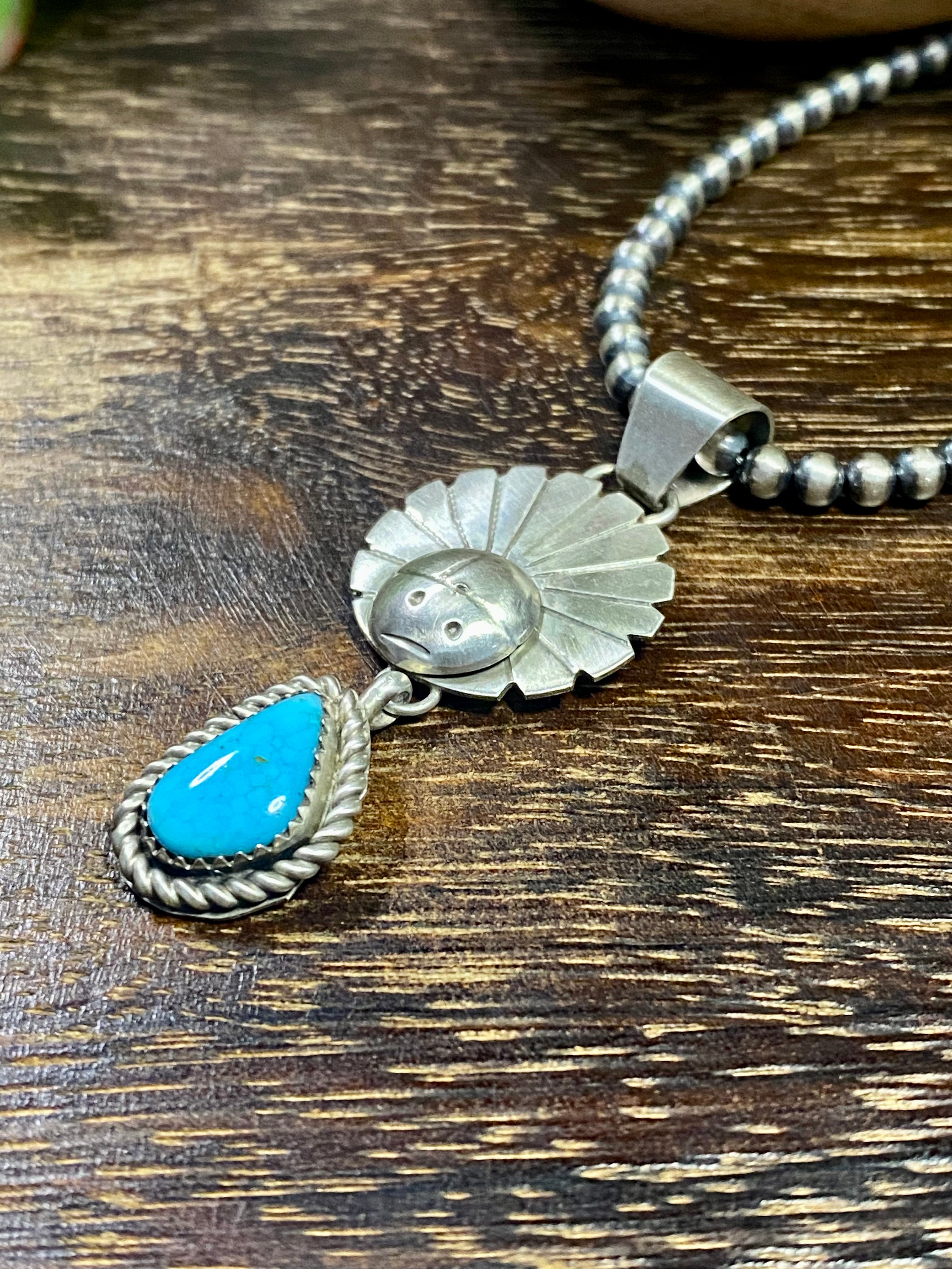 Navajo Made Kingman Turquoise & Sterling Silver Sunface Pendant