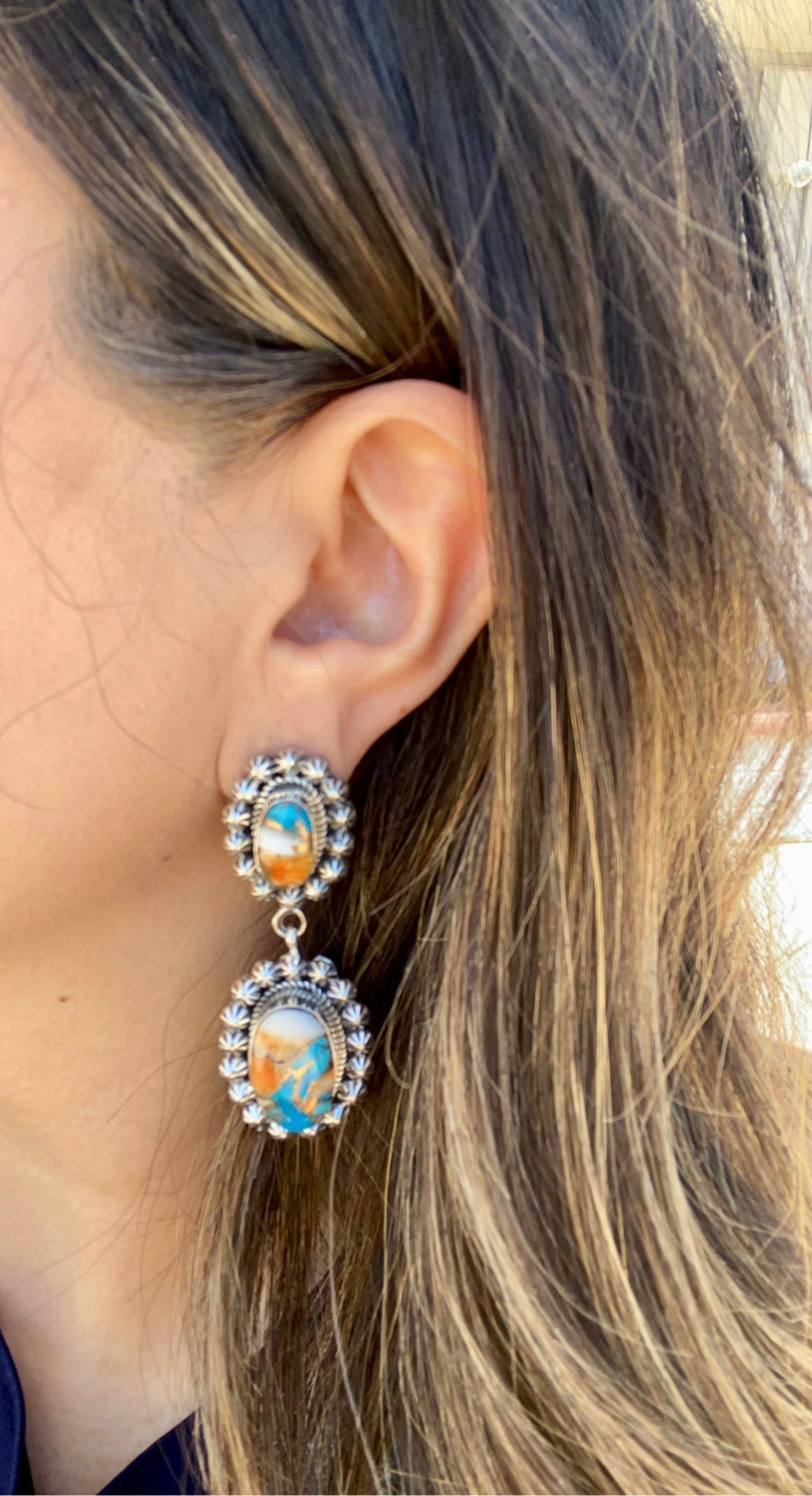 Navajo Made Mohave Turquoise & Sterling Silver Post Dangle Earrings