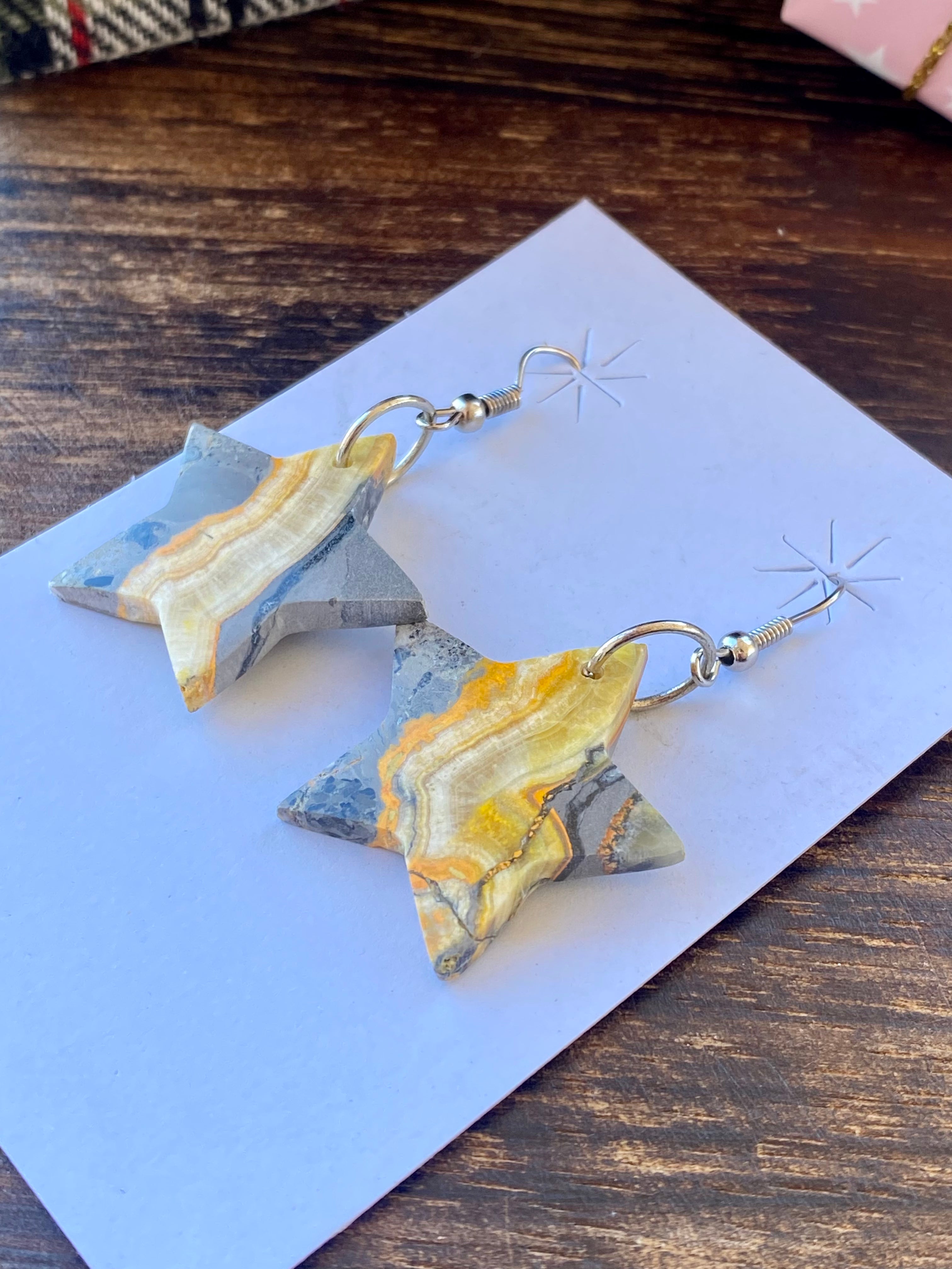 Southwest Handmade Bumblebee Jasper & Sterling Silver Star Dangle Earrings