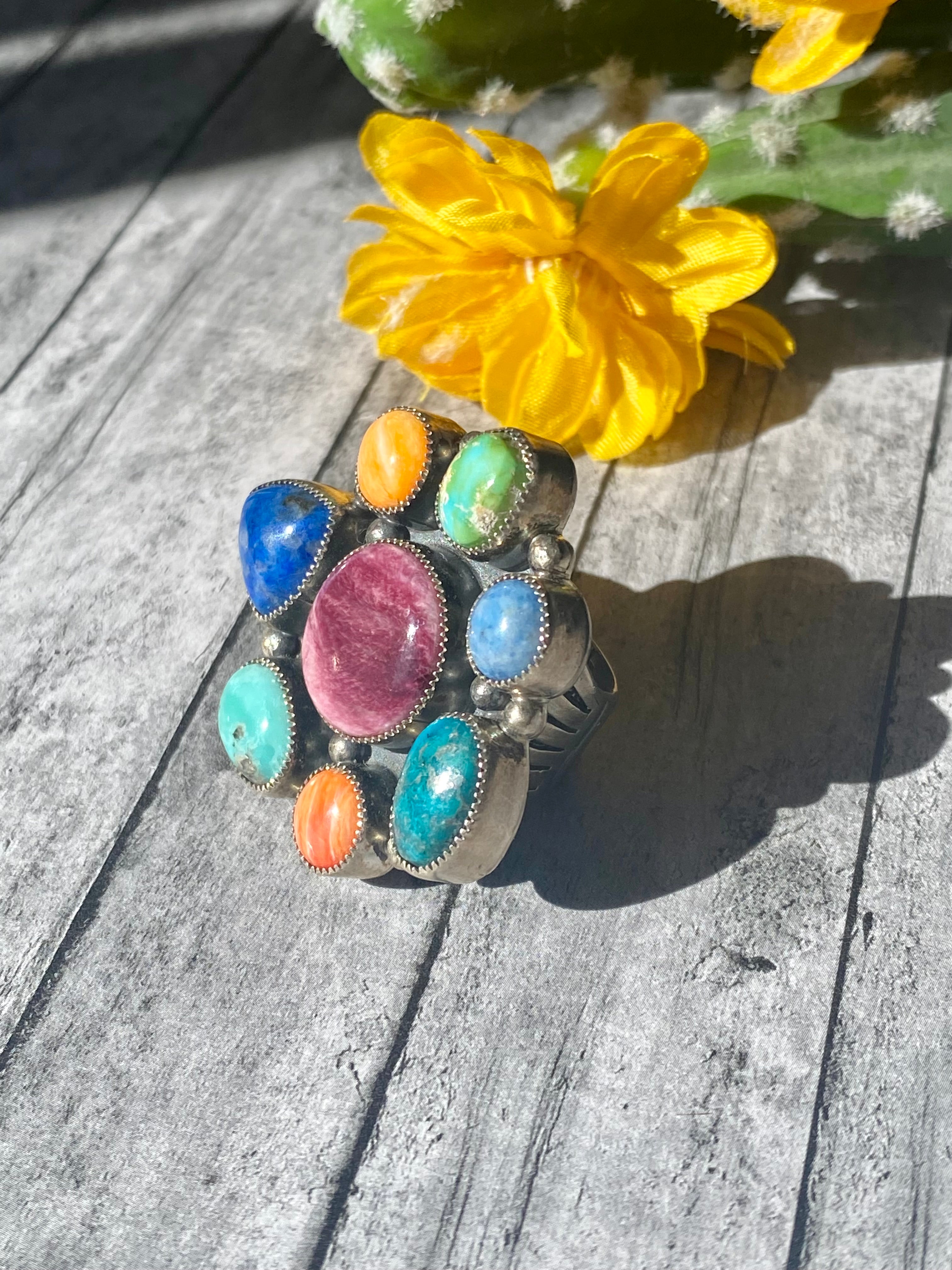 Renelle Perry Multi Stone & Sterling Silver Cluster Ring Size 6.25