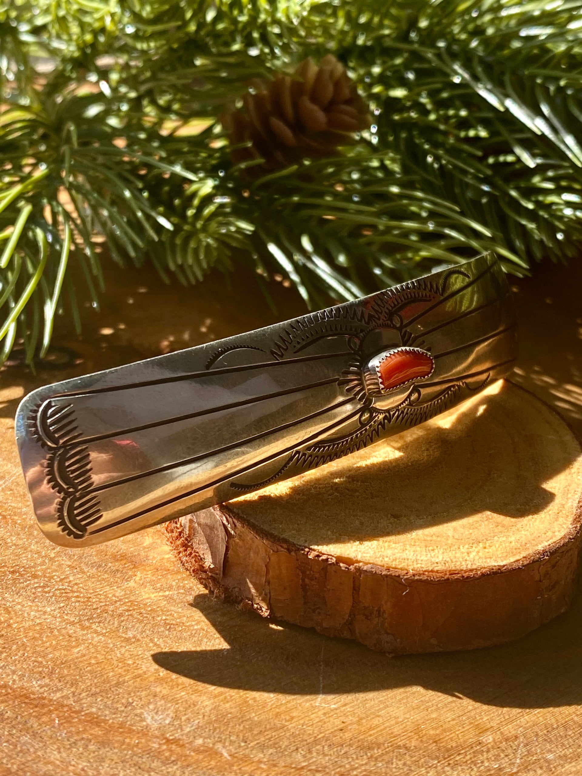 Navajo Made Coral & Sterling Silver Barrette