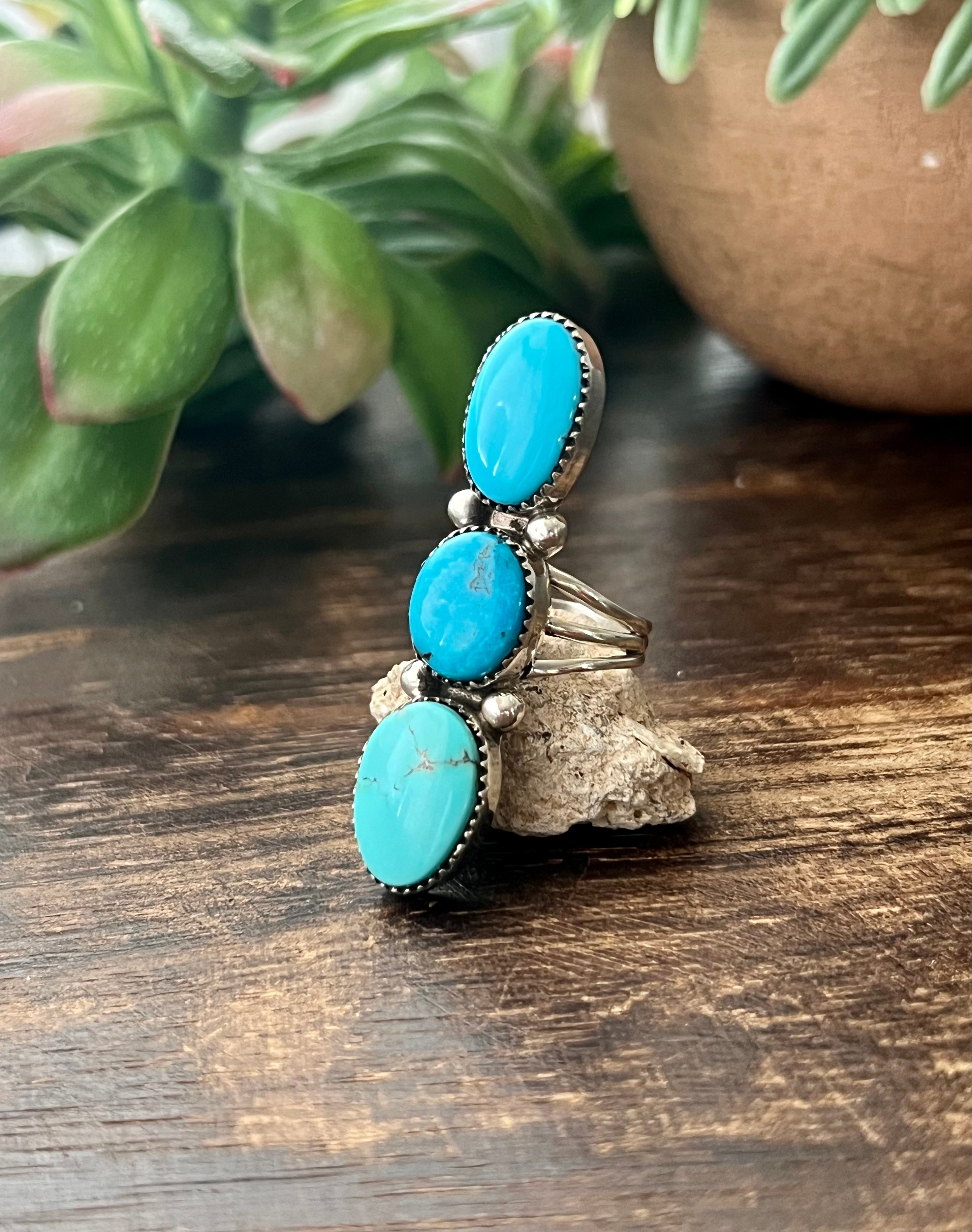 Southwest Handmade Kingman Turquoise & Sterling Silver Climber Ring Size 6.75 Stamped Sterling