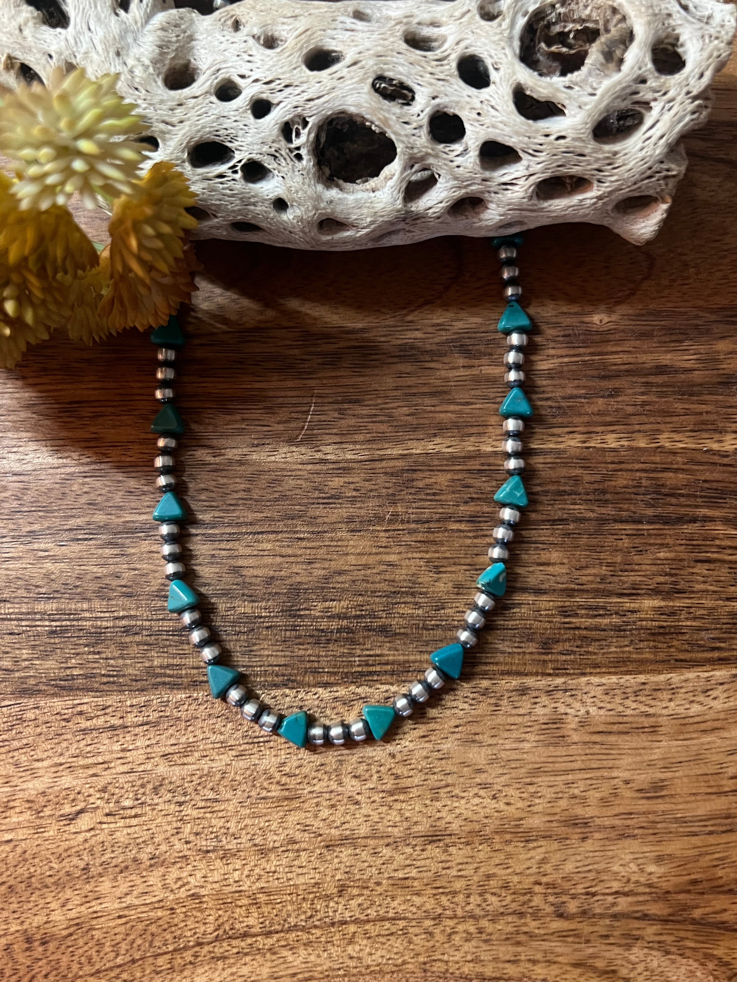 Navajo Made Kingman Turquoise & Sterling Silver 4 MM 16 Inch Pearl Necklace