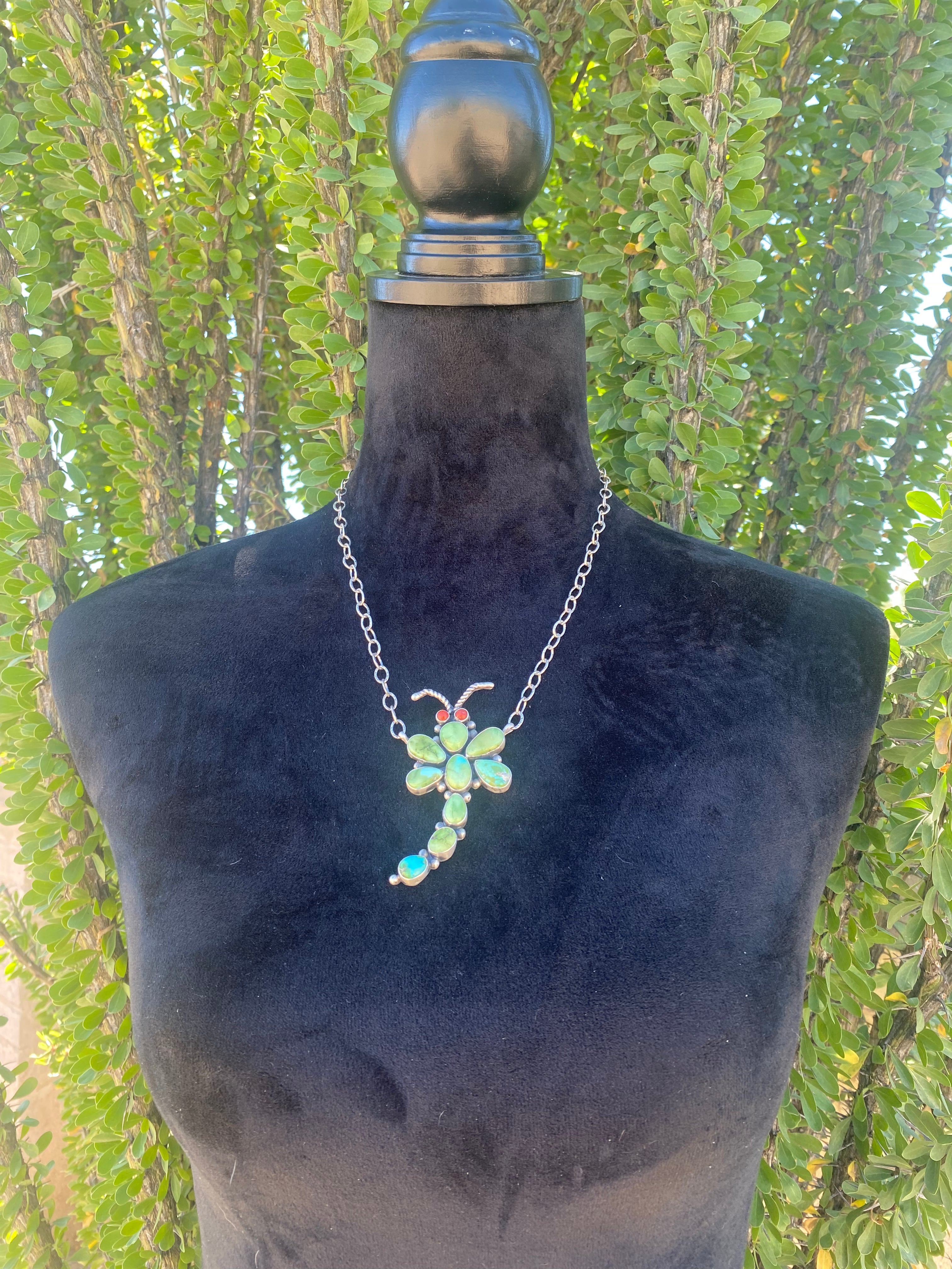 Andrew James Sonoran Gold Turquoise & Coral Sterling Silver Dragonfly Necklace