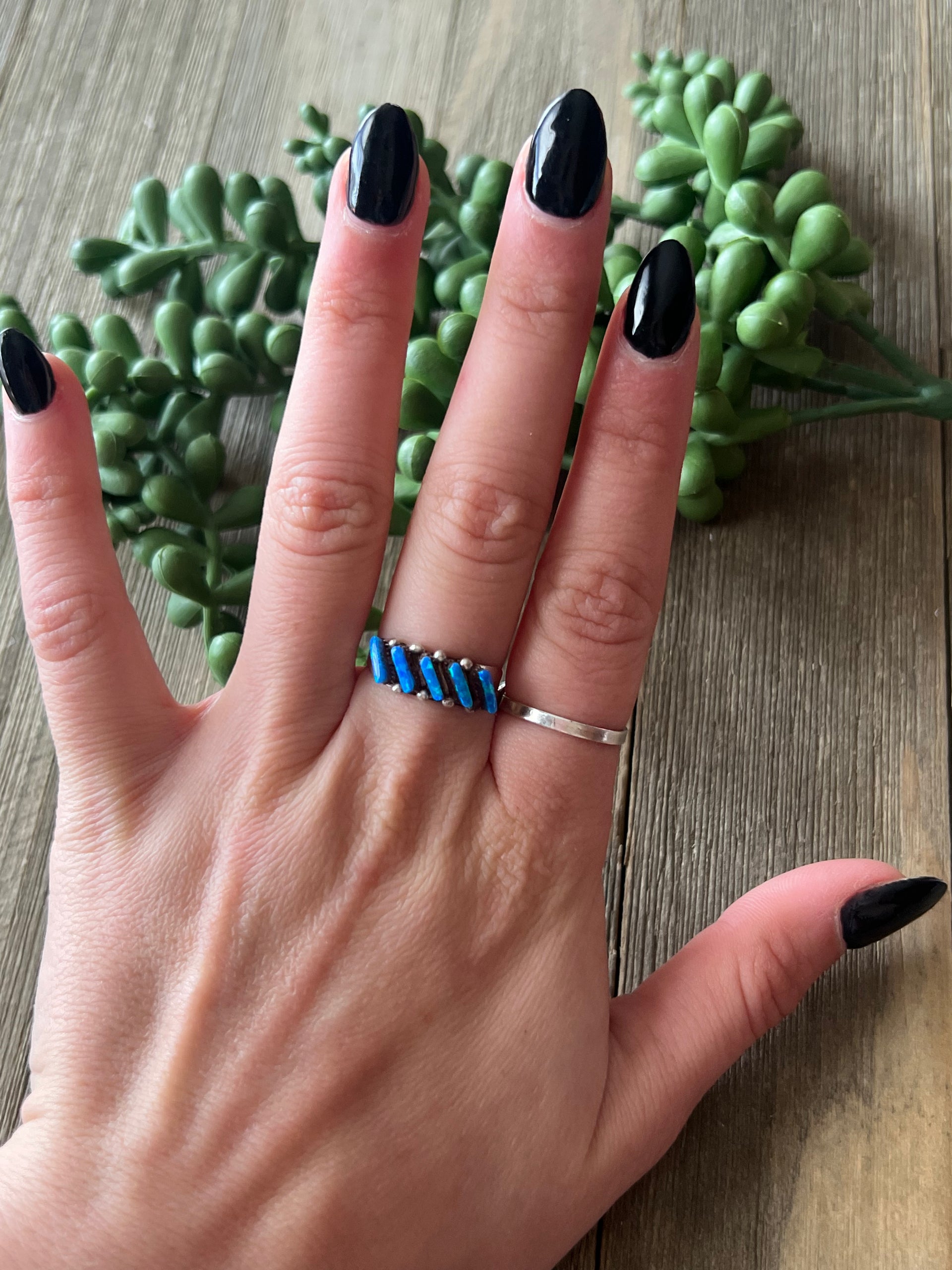 Cletus Lamey Blue Opal (Man Made) & Sterling Silver Stacker Ring Size 6.75