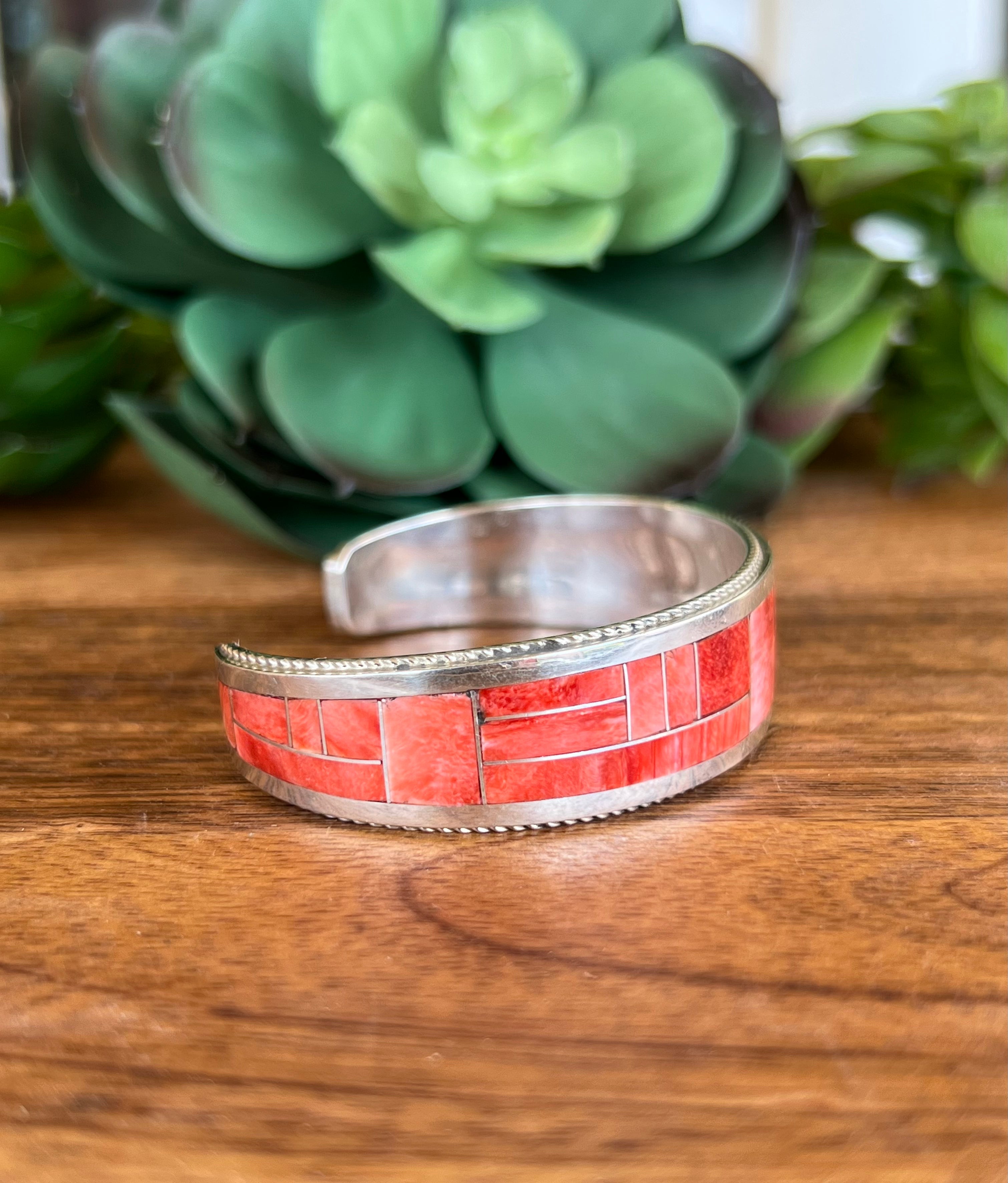 Rickell & Glendora Booqa Zuni Made Spiny Oyster & Sterling Silver Inlay Cuff Bracelet