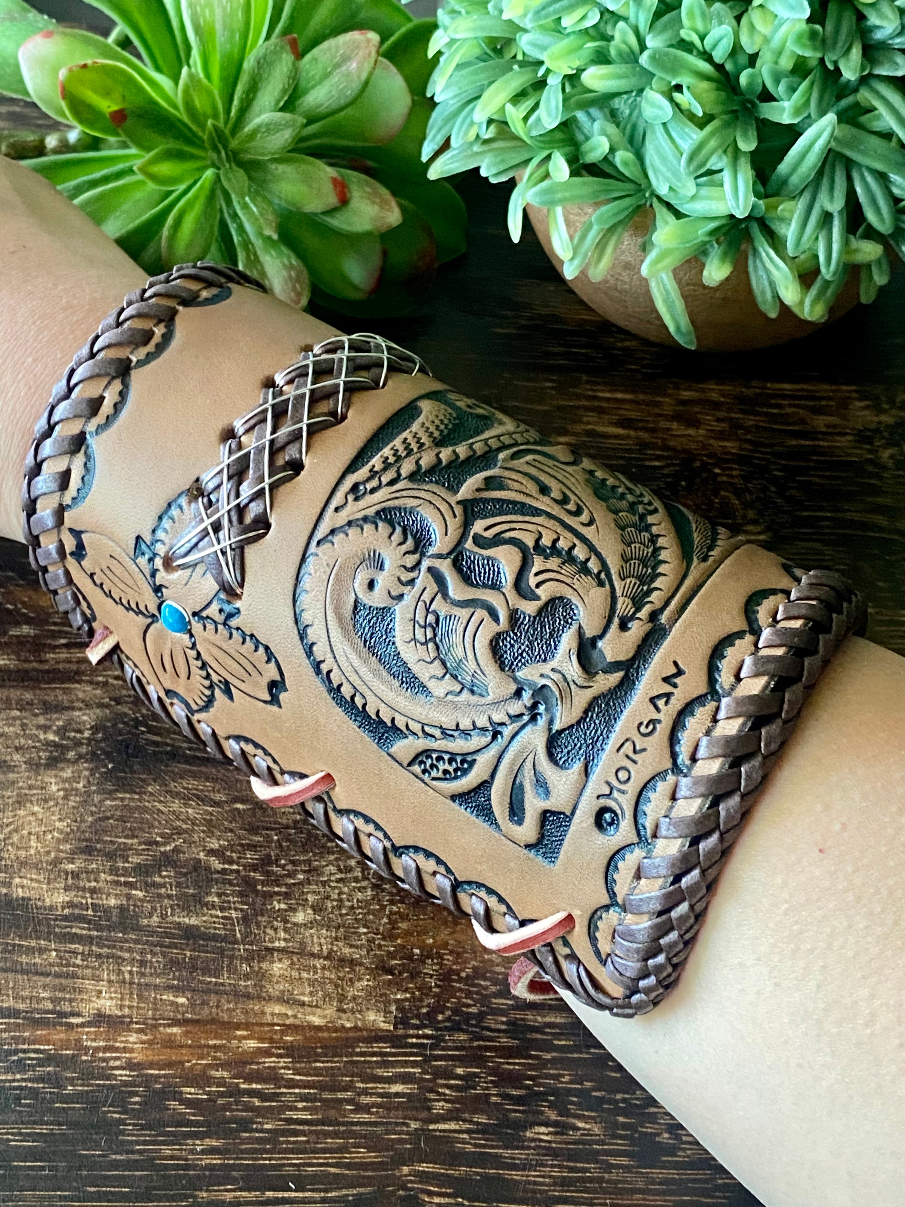 Navajo Made Kingman Turquoise & Sterling Silver Leather Bow Guard Bracelet