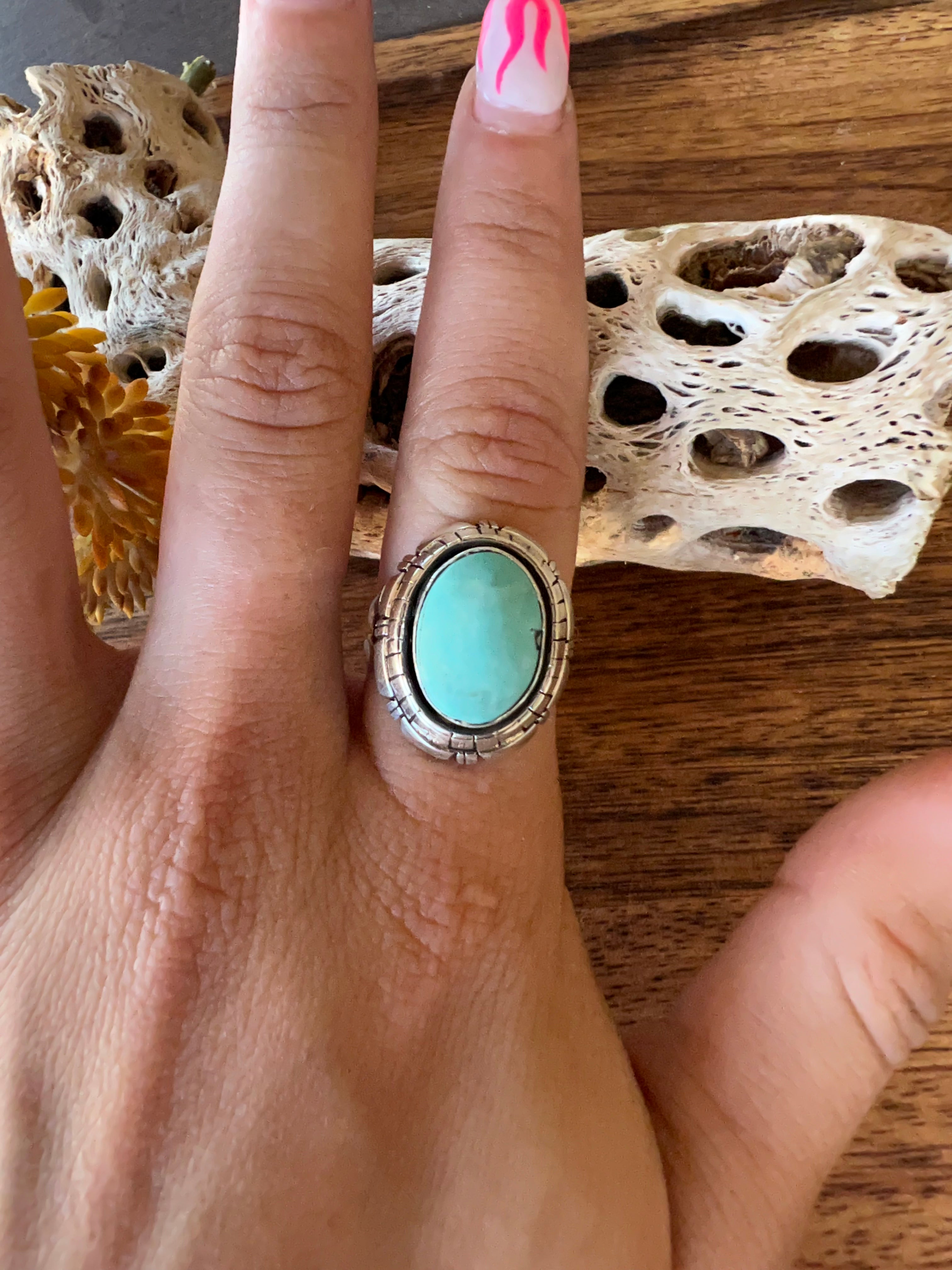 Navajo Made Kingman Turquoise & Sterling Silver Ring Size 6.5