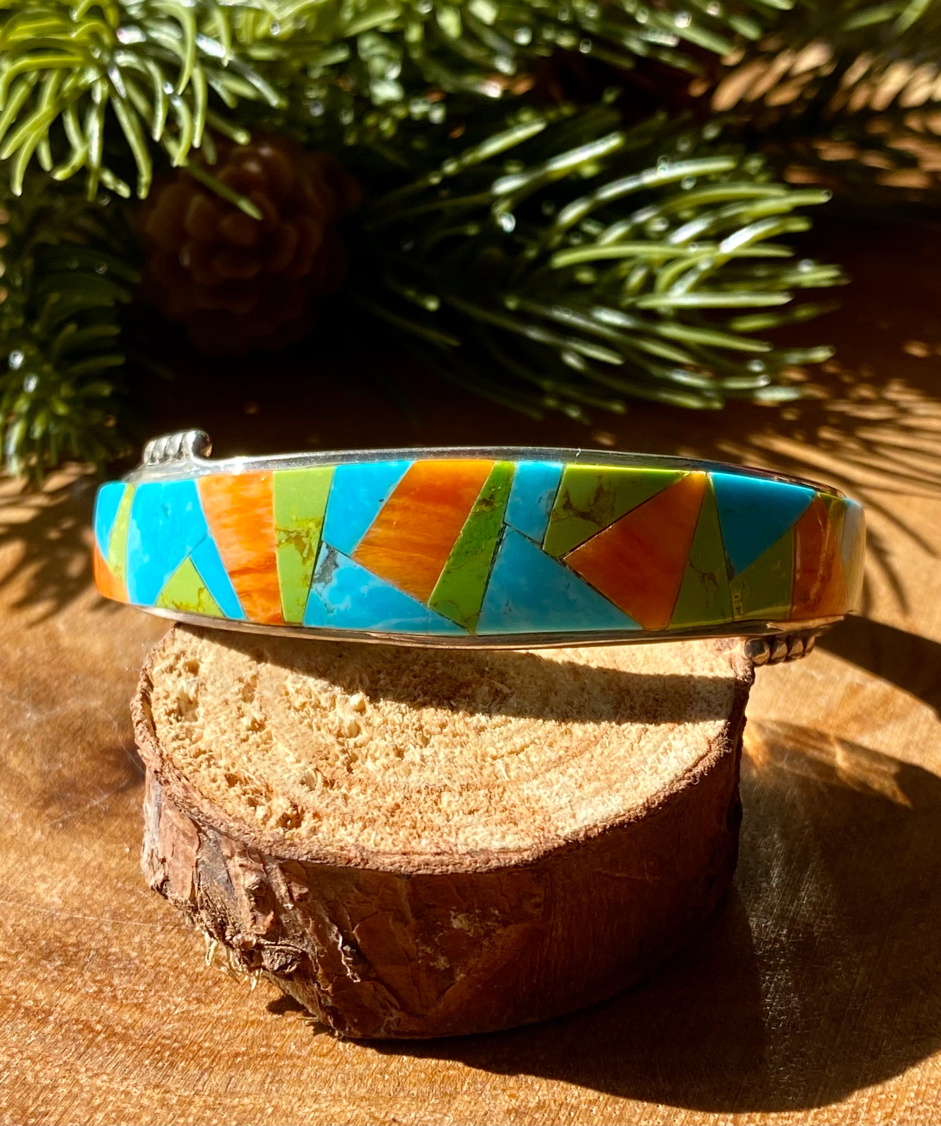 Navajo Made Multi Stone & Sterling Silver Inlay Cuff Bracelet