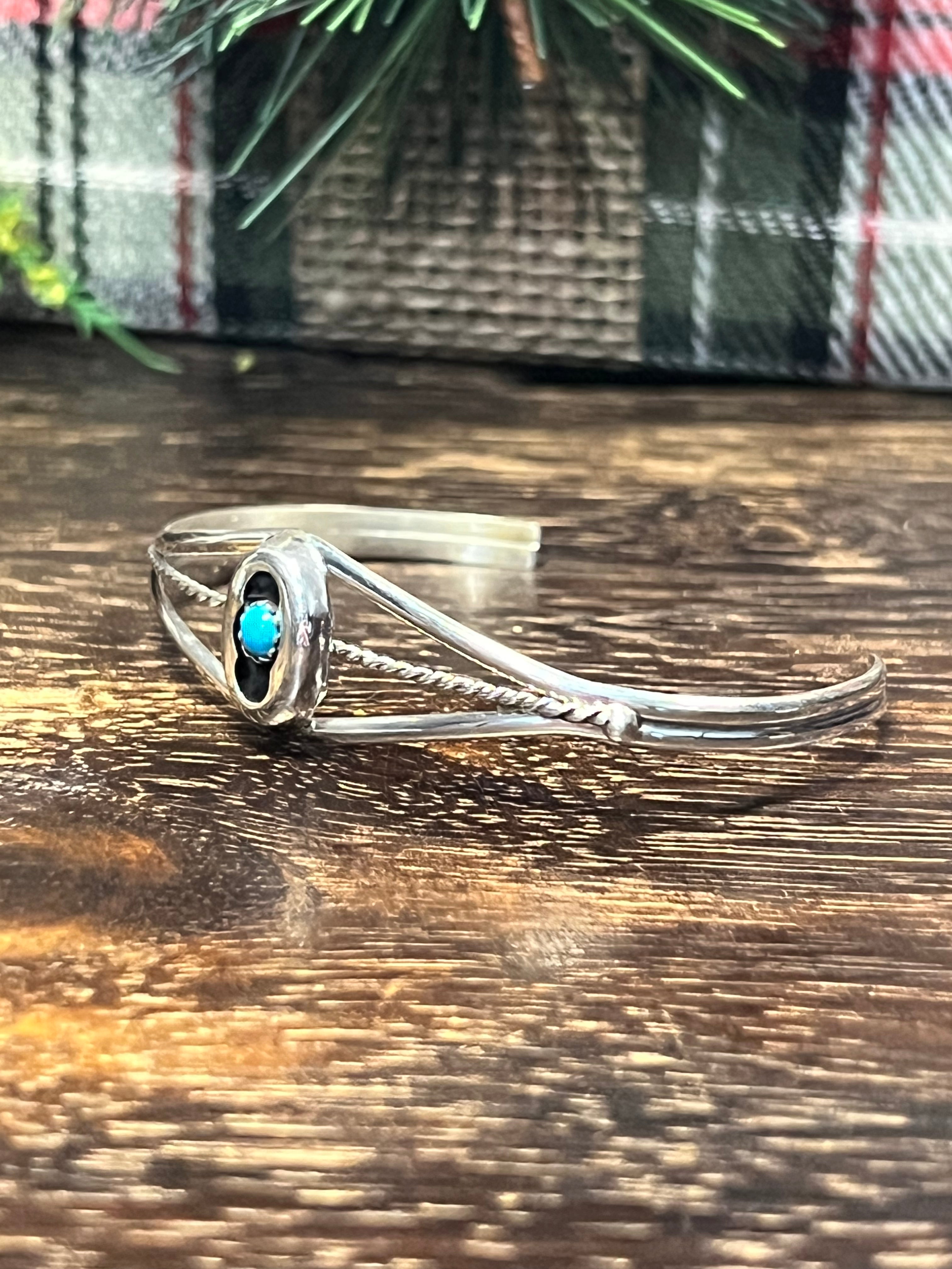 Navajo Made Kingman Turquoise & Sterling Silver Shadowbox Cuff Bracelet