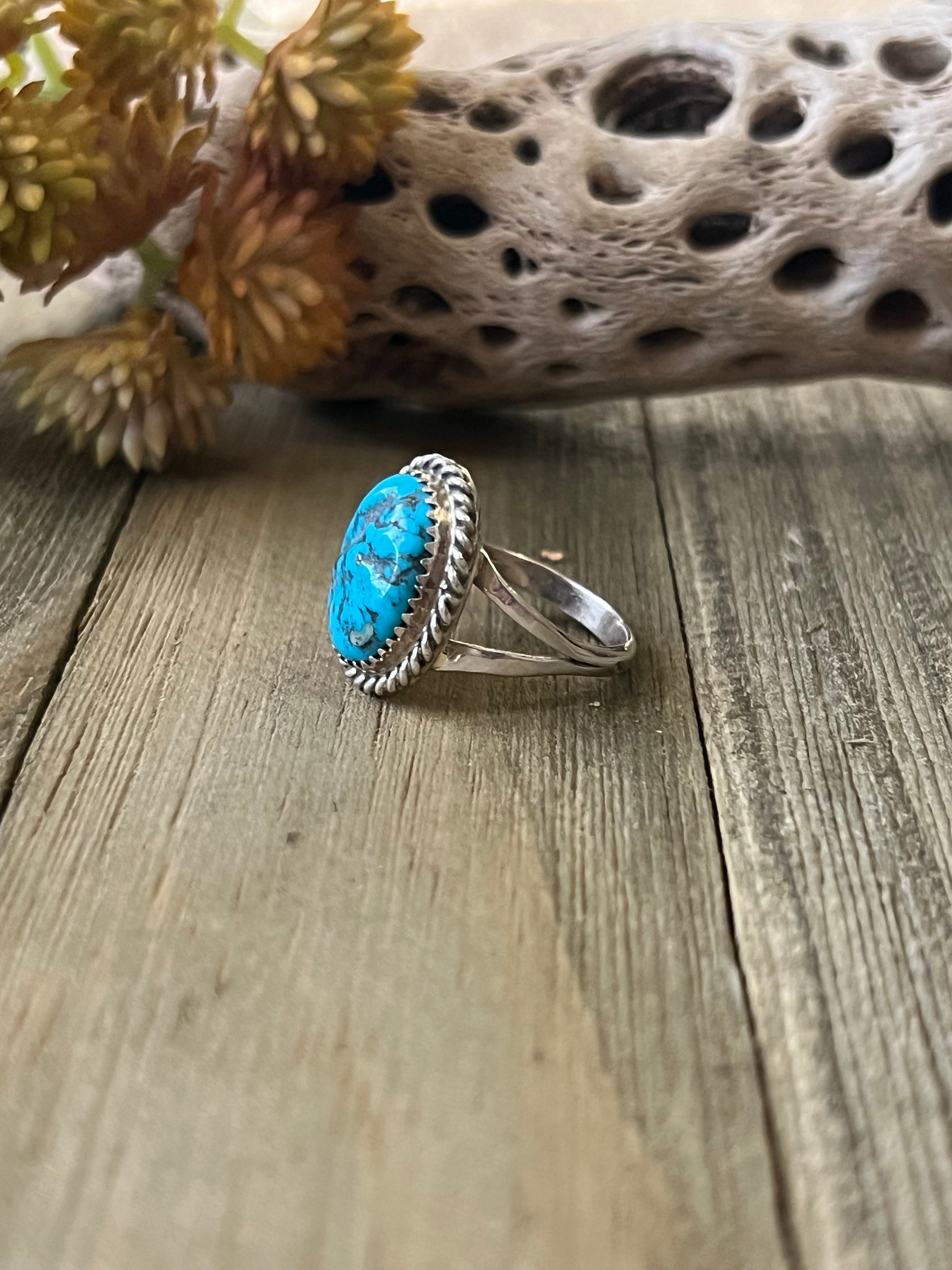 Navajo Made Kingman Turquoise & Sterling Silver Ring Size 8