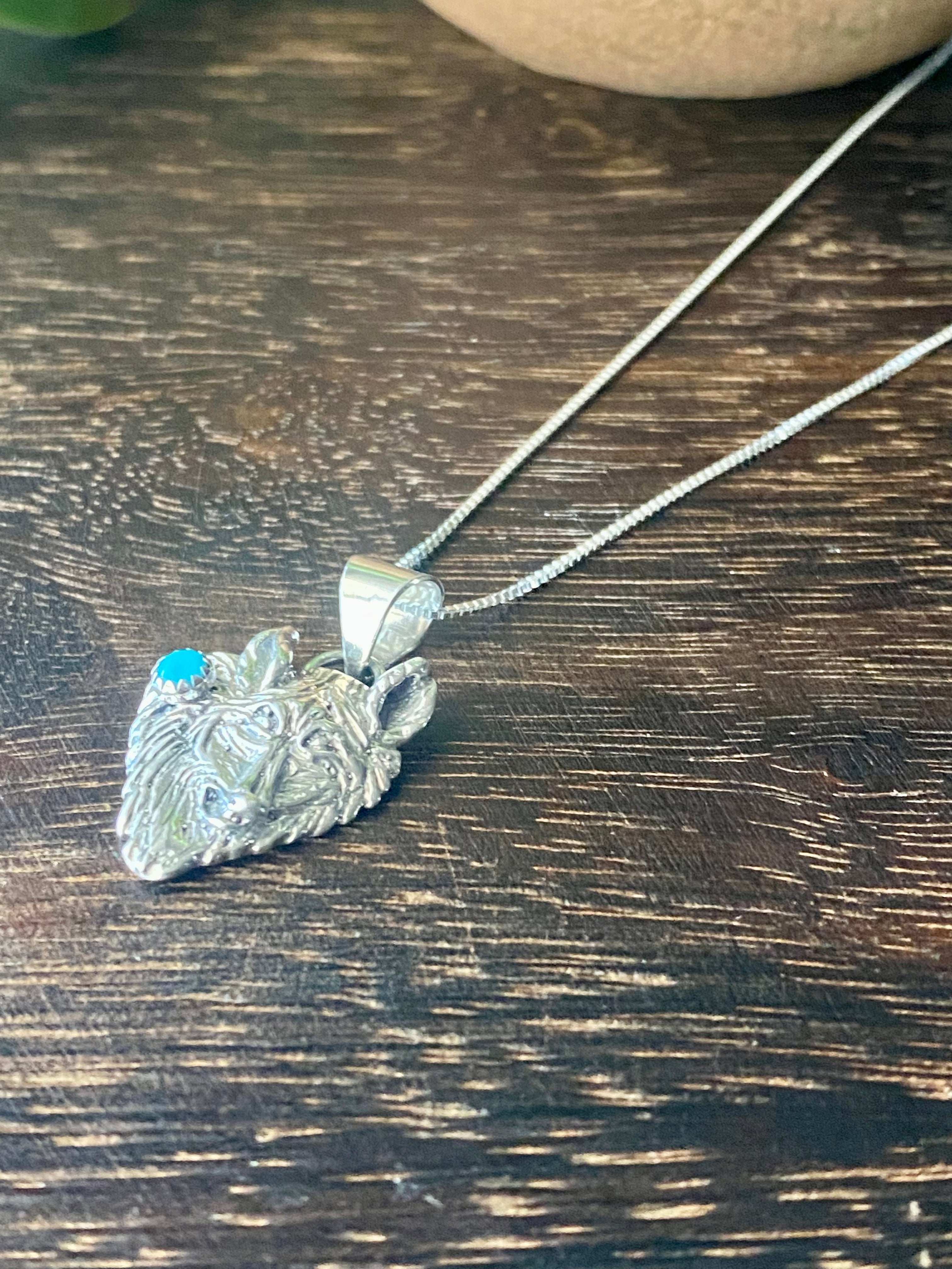 Navajo Made Turquoise & Sterling Silver Wolf Necklace