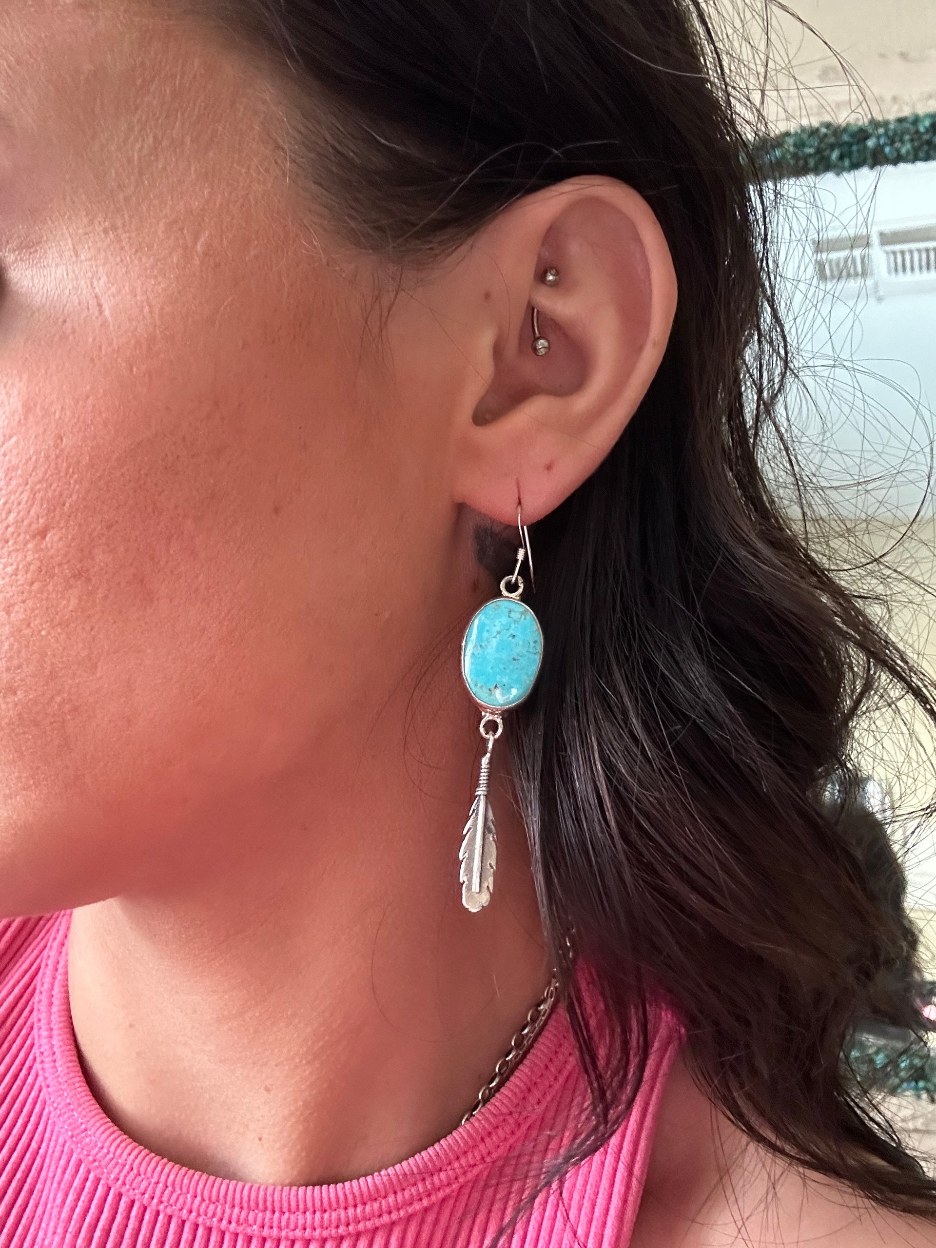 Navajo Made Kingman Turquoise & Sterling Silver Dangle Feather Earrings