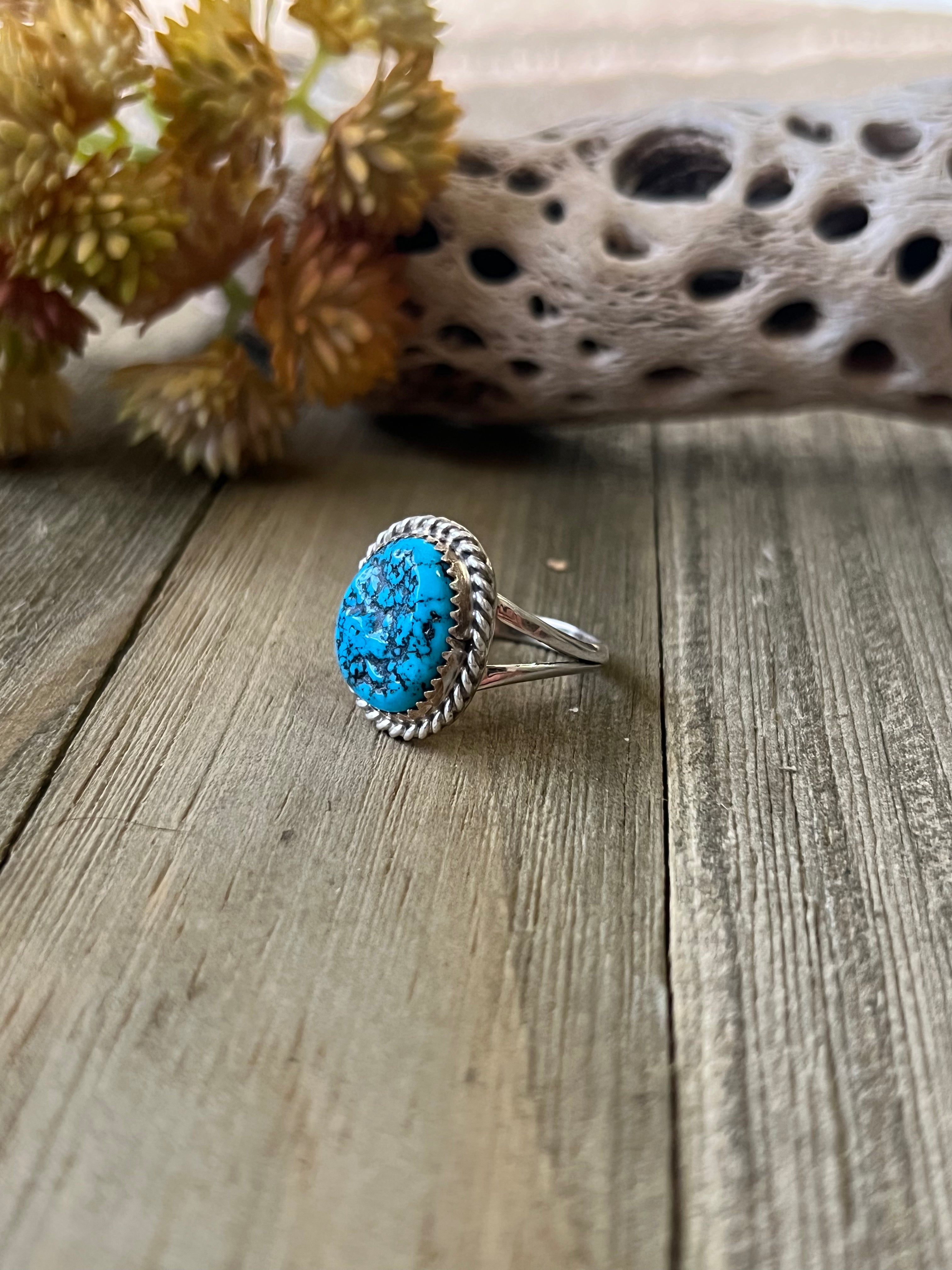 Navajo Made Kingman Turquoise & Sterling Silver Ring Size 8.5