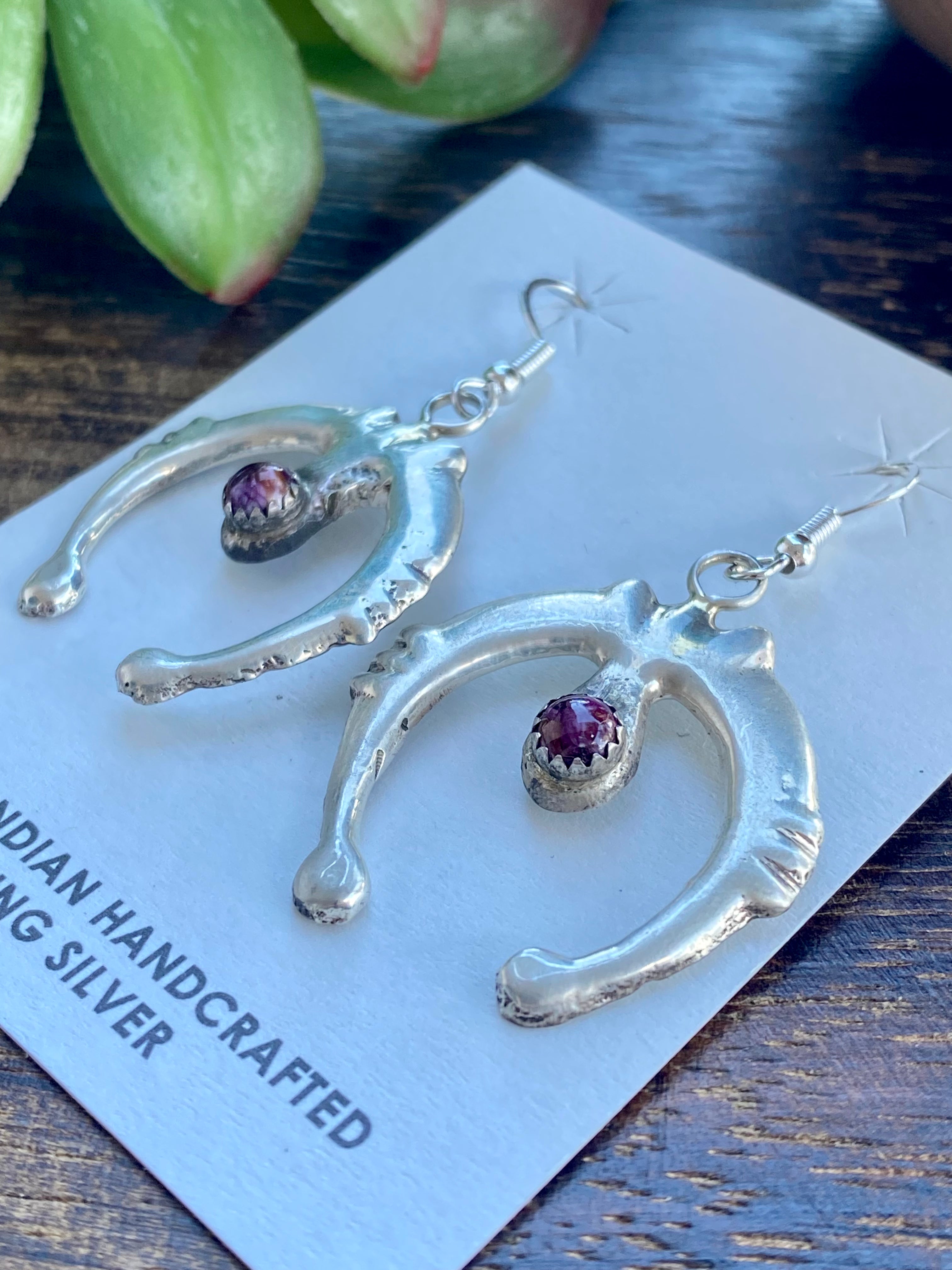 Tonya Yazzie Purple Spiny Oys & Sterling Silver Naja Dangle Earrings