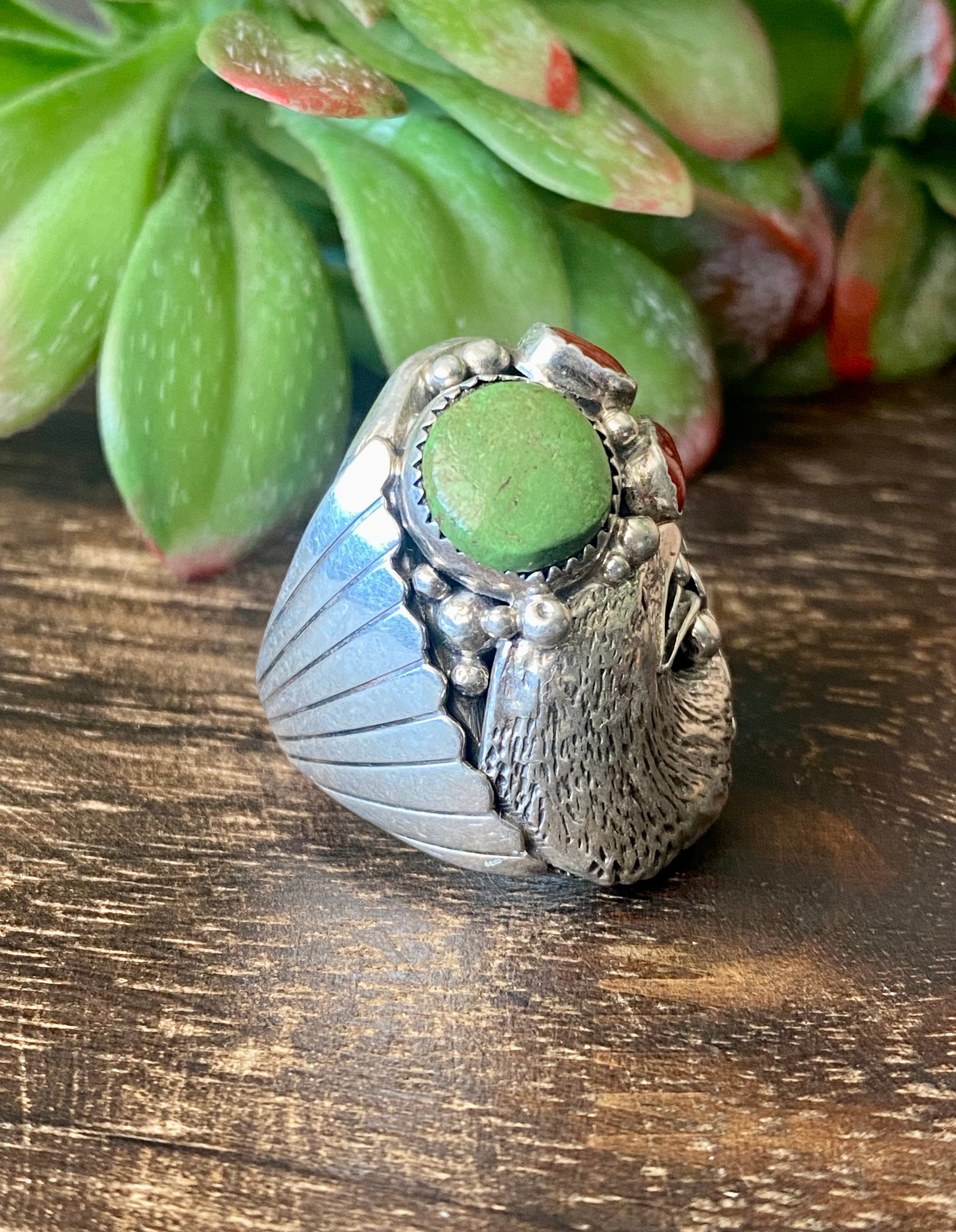 Navajo Made Multi Stone & Sterling Silver Eagle Ring Size 11.5