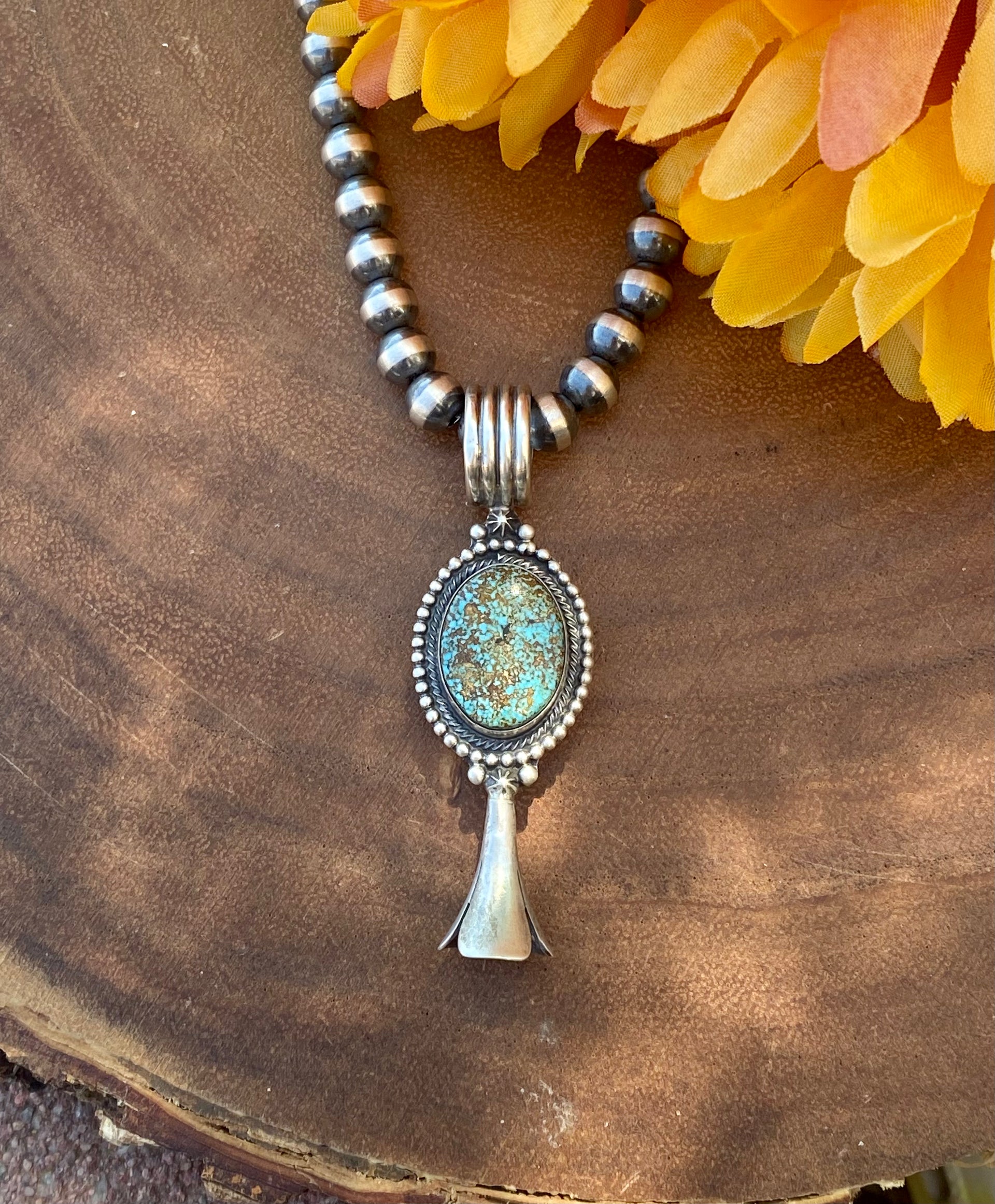 Navajo Made Turquoise Mountain Spiderweb Turquoise & Sterling Silver Blossom Pendant