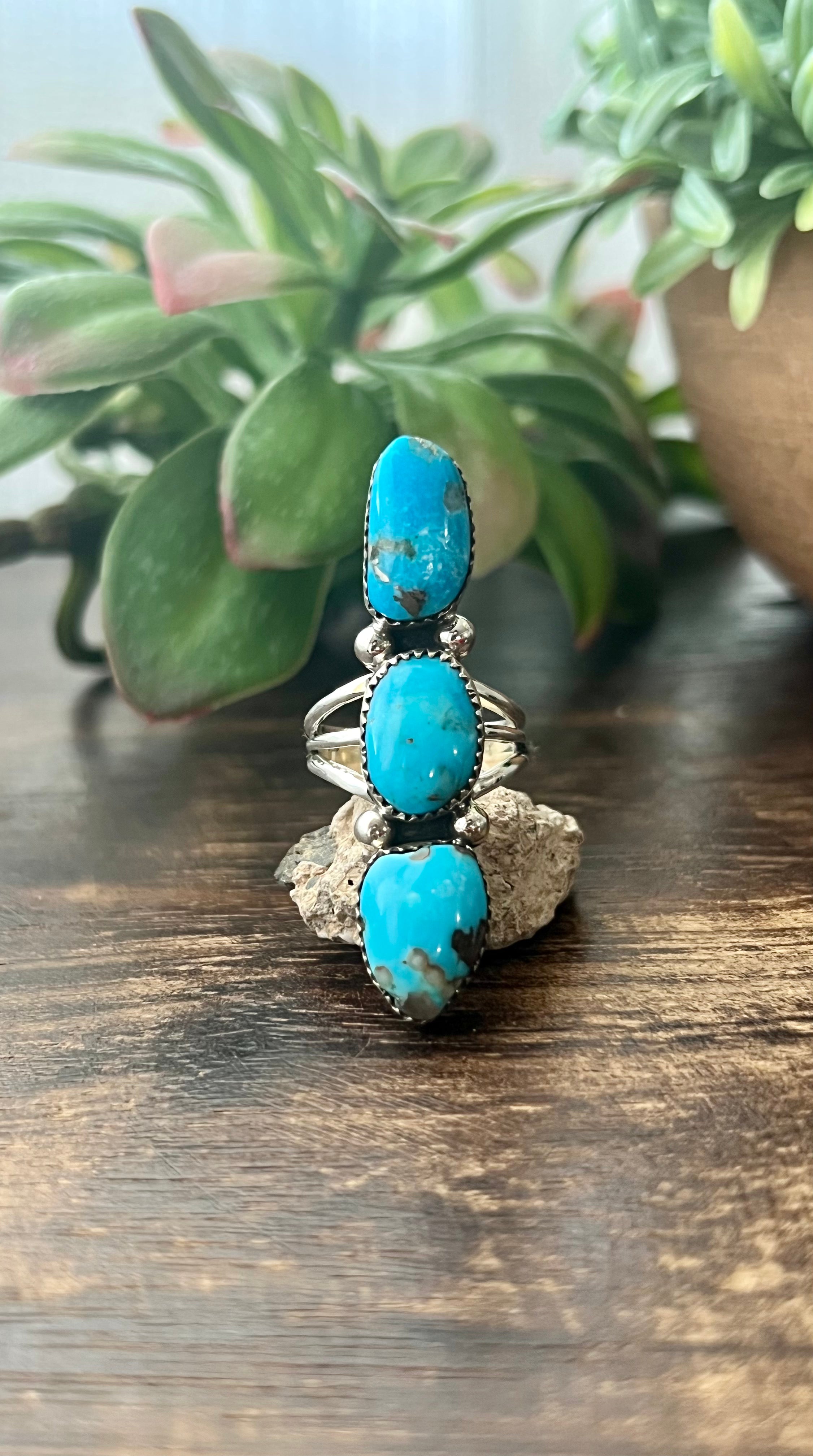 Southwest Handmade Kingman Turquoise & Sterling Silver Climber Ring Size 6.5 Stamped Sterling