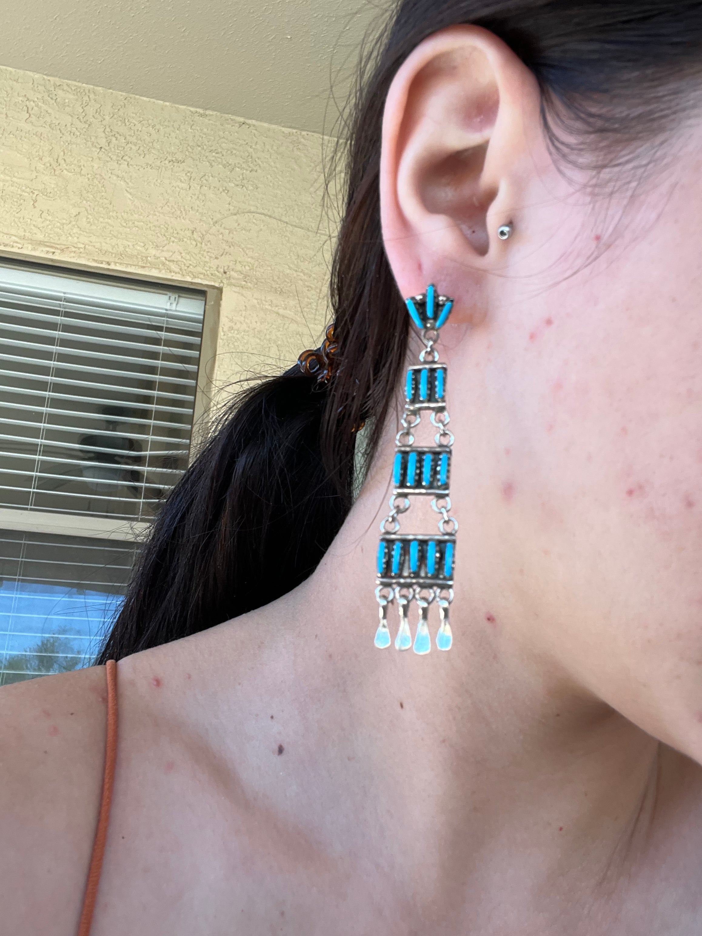 Southwestern Made Kingman Turquoise & Sterling Silver Post Dangle Earrings
