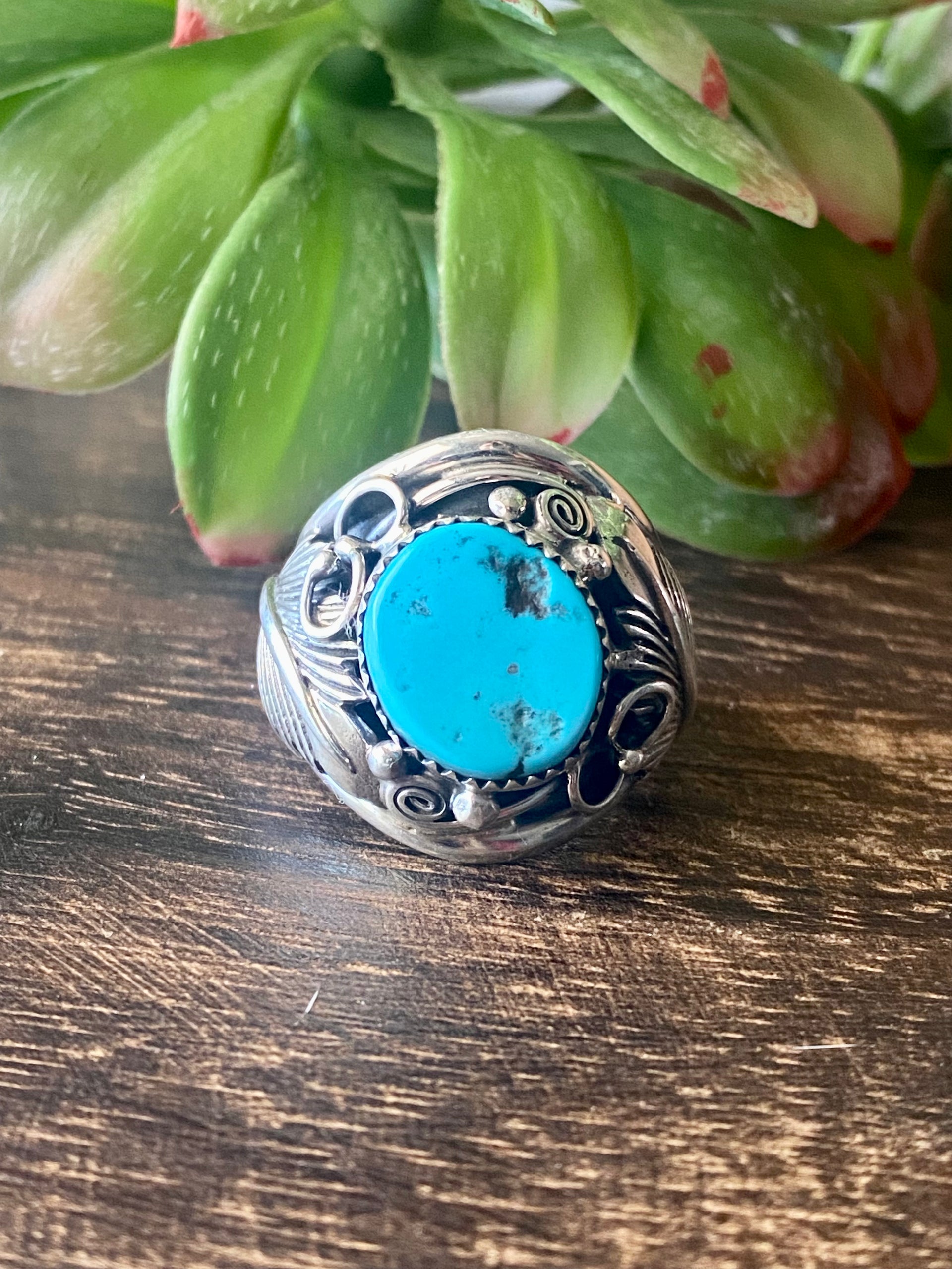 Navajo Made Kingman Turquoise & Sterling Silver Ring Size 11