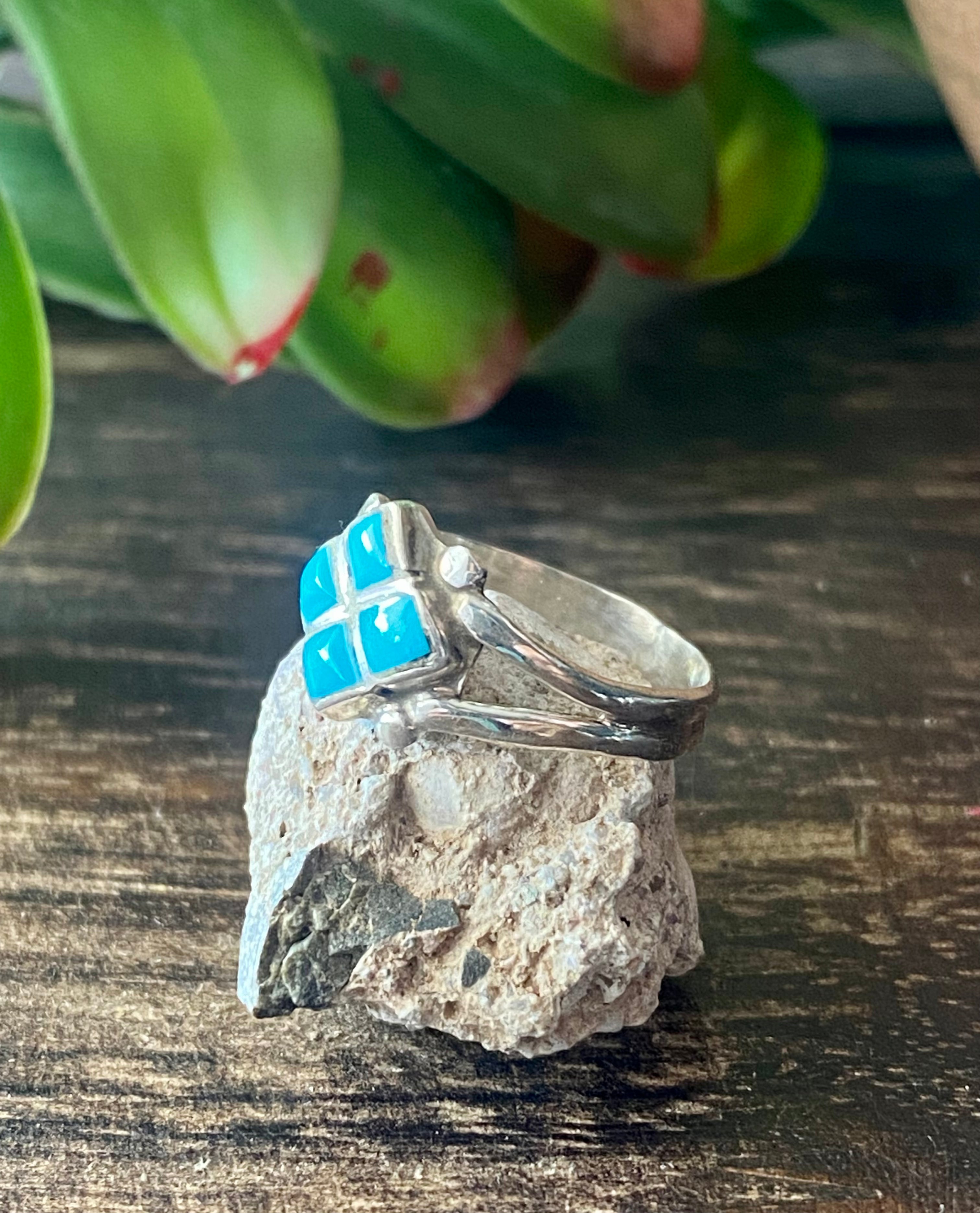 Navajo Made Turquoise & Sterling Silver Inlay Ring Size 5