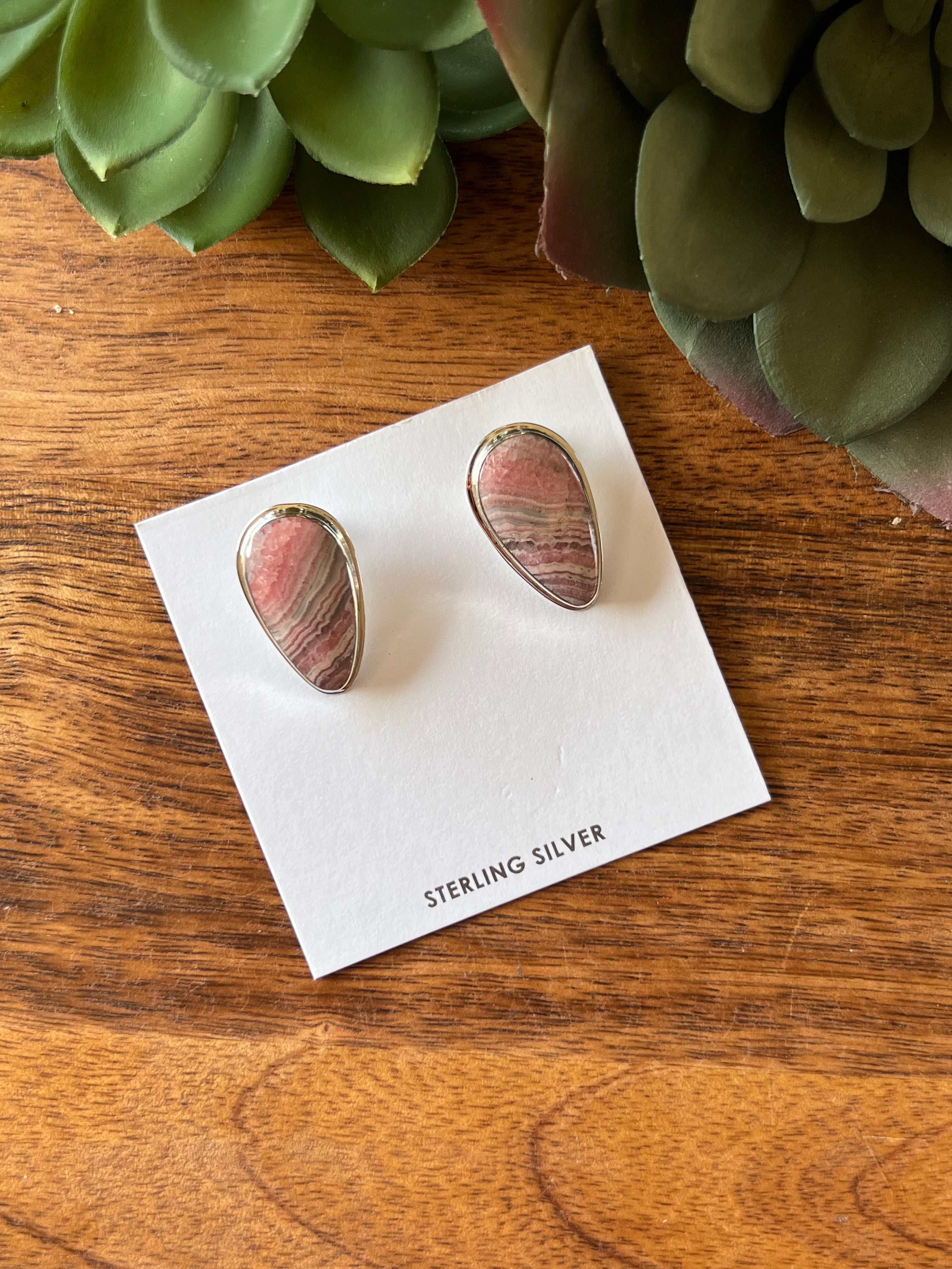 Navajo Made Rhodochrosite  & Sterling Silver Clip On Earrings