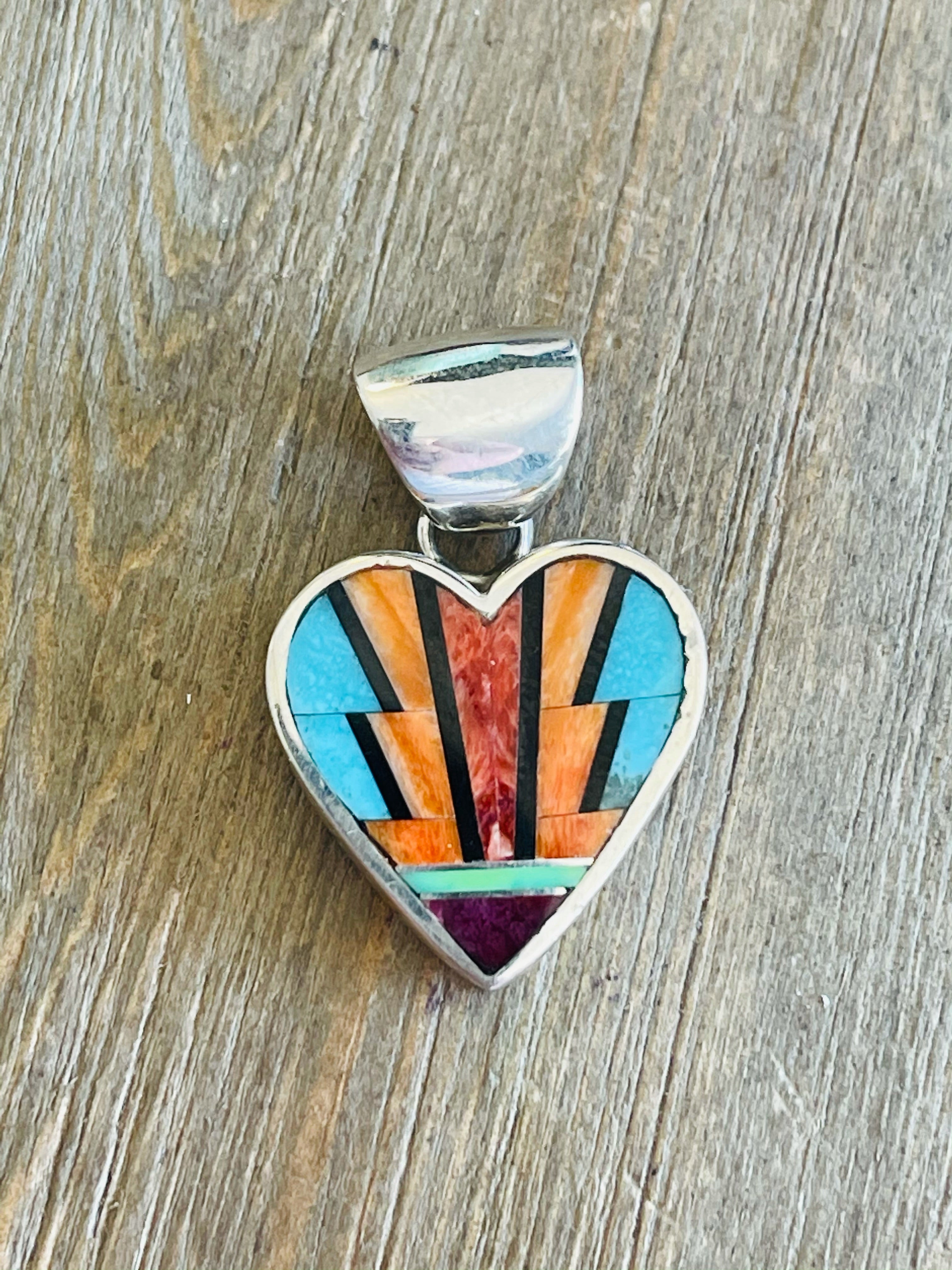 Navajo Multi Stone & Sterling Silver Heart Inlay Pendant