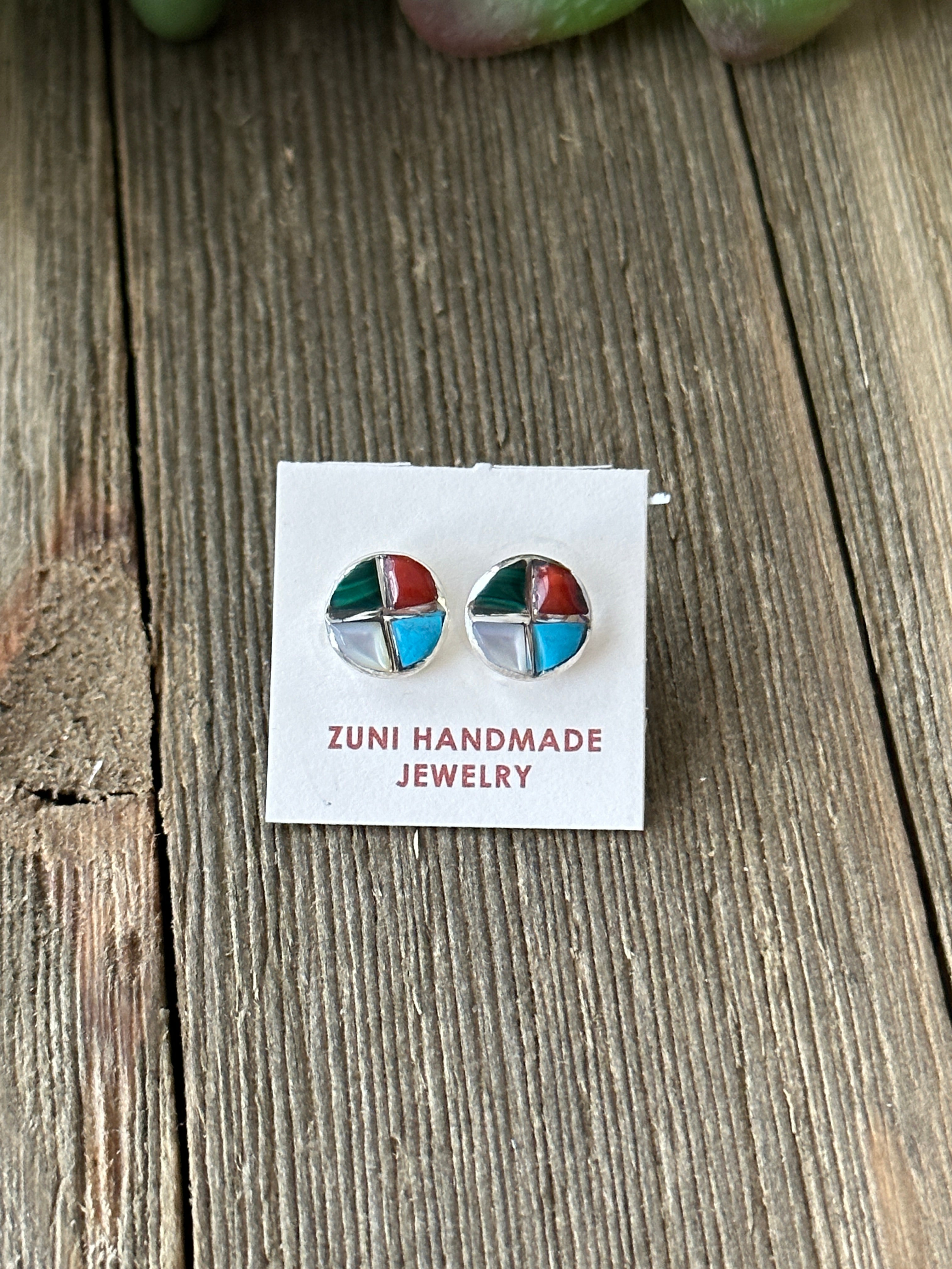 Zuni Made Multi Stone & Sterling Silver Inlay Post Earrings