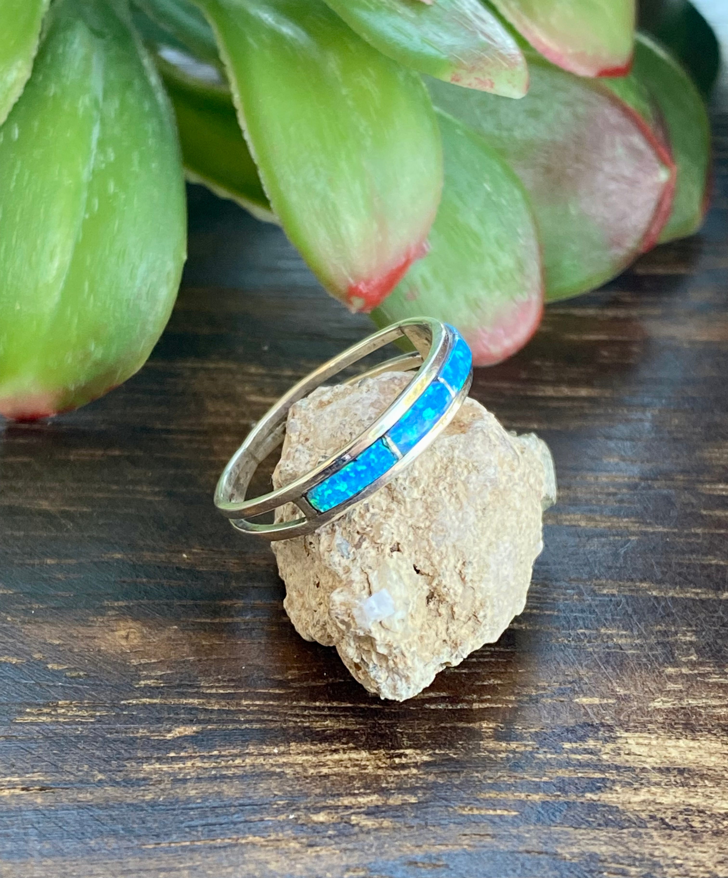 Navajo Made Blue Opal & Sterling Silver Inlay Ring Size 8