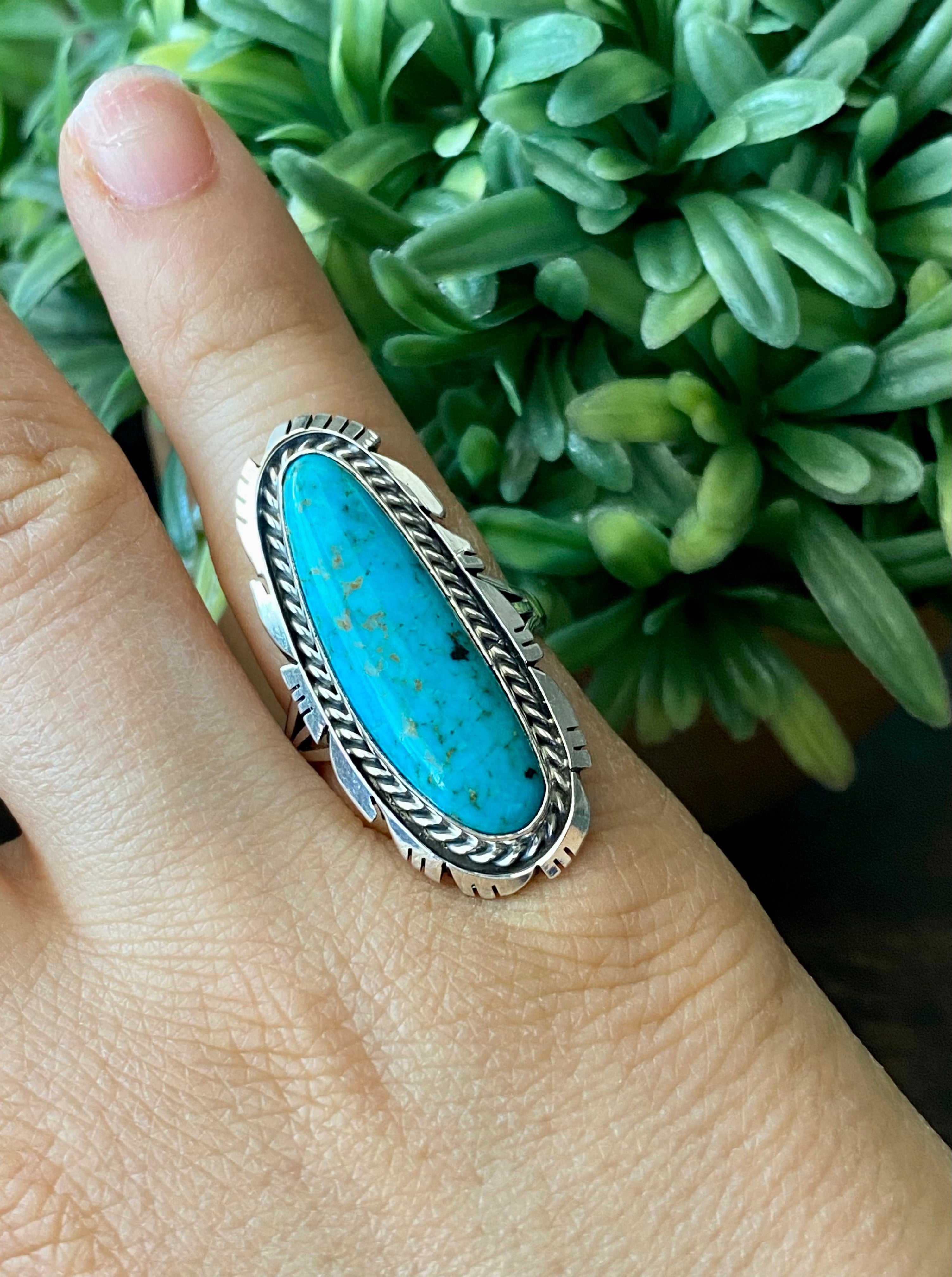 Navajo Made Kingman Turquoise & Sterling Silver Ring Size 7.75