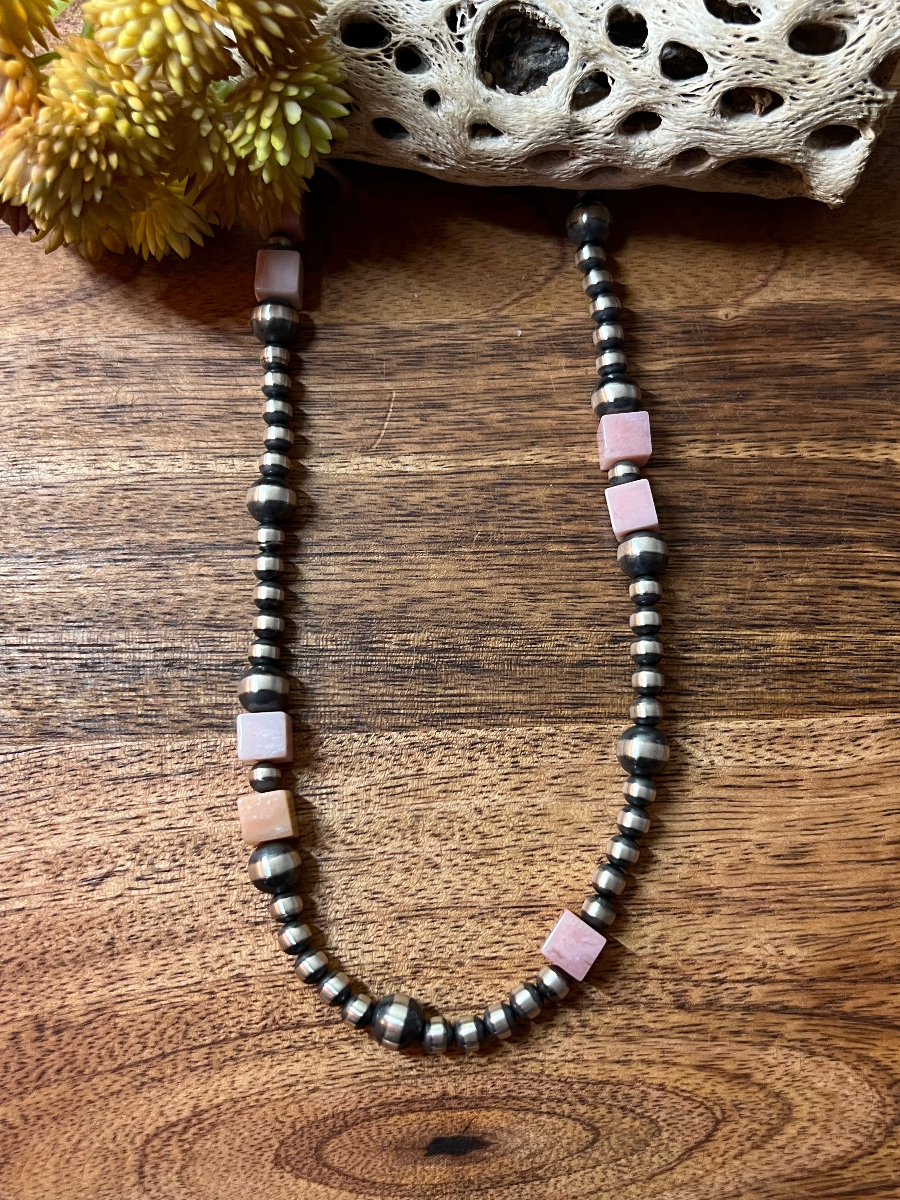 Navajo Pink Coral & Sterling Silver Graduated Pearl Necklace