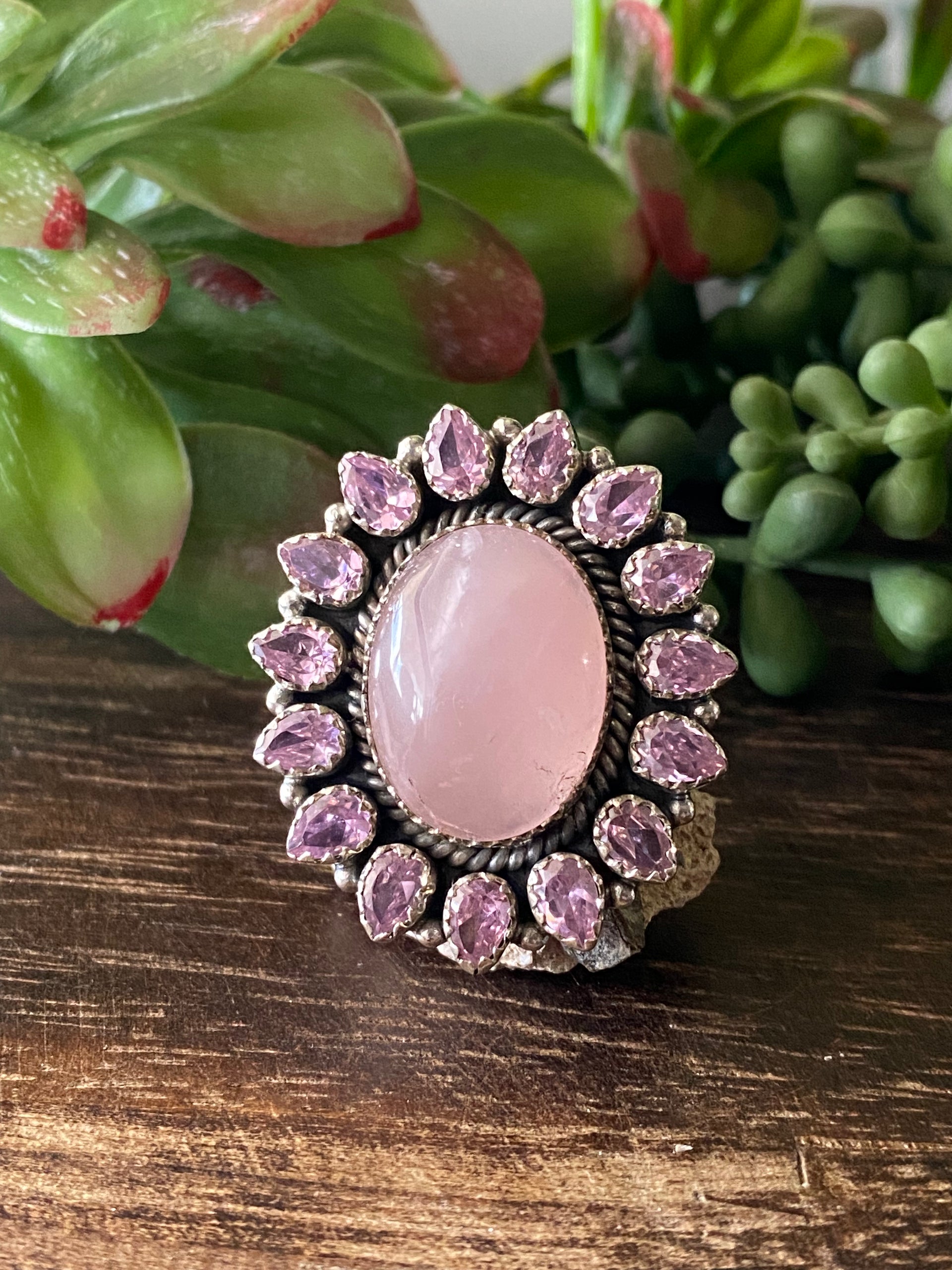 Southwest Handmade Rose Quartz & Tourmaline Sterling Silver Cluster Adjustable Ring Size 8.5