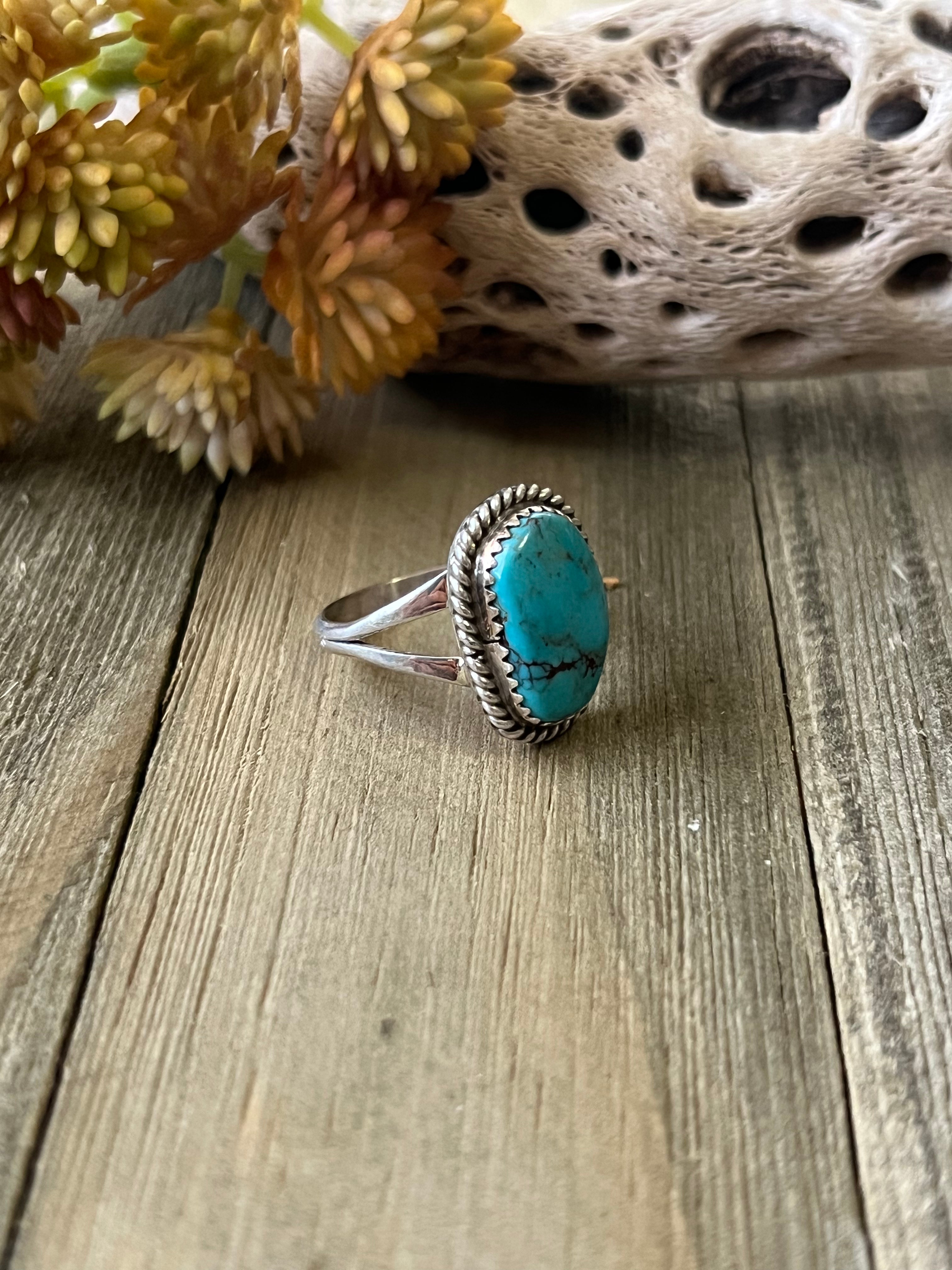 Navajo Made Kingman Turquoise & Sterling Silver Ring Size 8.75